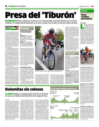 60 Viernes 24 mayo 2013 MCiclismo Giro de Italia
Dolomitas sin colosos
LA NIEVE obliga a la organización del Giro a eliminar
el Gavia y el Stelvio del recorrido de la etapa de hoy
V. J. • Polsa
La nieve y el mal tiempo han
vueltoamodificarelrecorrido
previstodelacorsarosa,como
yaocurrióenlasjornadascon
final en Bardonecchia y Gali-
bier.Losesfuerzosdelosorga-
nizadoresdelarondaitaliana
pormantenerelpasoporelGa-
viayelStelvioenlajornadade
hoynopudieroncontralaevi-
dencia de las enormes canti-
dades de nieve acumulada en
ambos puertos, que hacía im-
posibleelpasodelacarreracon
laseguridadmínima.
Por eso, y pese a que se in-
tentó hasta última hora evi-
tarlo, el Giro anunció ayer un
cambioeneltrazadodelaeta-
pa de hoy, eliminando los pa-
sos por el Gavia (2.618 m) y
elStelvio(2.758m),peroman-
teniendo el final en Val Mar-
tello (2.059 m). Corredores y
organizadores habían inter-
cambiado pareceres. “Esta-
mosdispuestosacorrer,pero
siempre que nos garanticen
la seguridad y que no se im-
provisecomoocurrióenlaMi-
lán-SanRemo”,señalabaelco-
lectivo ciclista. La organiza-
ciónsecomprometióatraba-
jarhastaúltimahoraparaque
los puertos estuviesen tran-
sitables y aseguraron que en
ningúncasopondríanenries-
go la seguridad de nadie.
Pese al trabajo de las má-
quinas quitanieves, el Giro se
vio obligado a poner en mar-
chaelplanalternativo,conun
nuevo recorrido de 169 kiló-
metrosenelquesesubiránel
Passo Tonale (2ª) y el Passo
Castrin(1ª),muchomenosdu-
rosqueloscolososoriginales.
18ª ETAPA
Mori-Polsa de 20,6 km, a
27,785 km/h de media.
1
Recorrido: Cronoescalada
con una subida constante y
dura, aunque sin rampas
exageradas. La más exigente
era del 10%.
El dato: Con su victoria de
ayer en la cronoescalada de
Polsa, Vincenzo Nibali estrena
su palmarés en contrarreloj.
Presa del ‘Tiburón’EXHIBICIÓN Nibali arrebata la victoria en la cronoescalada a Samuel Sánchez en el último
instante • El italiano dicta sentencia en el Giro y aleja a sus rivales a más de cuatro minutos
Si una desgracia no lo impi-
de, Vincenzo Nibali subirá al
podio de Brescia como gana-
dor de su primer Giro de Ita-
liaelpróximodomingo.ElTi-
burón asestó ayer el mordis-
codefinitivoalarondaitaliana
en la cronoescalada de Polsa.
El italiano se exhibió en los
20,6kilómetrosdesubidayse
llevópordelantelavictoriade
etapa que ya acariciaba Sa-
muel Sánchez.
Elasturiano,quefuelasor-
presa agradable de la jorna-
da, fue el virtual ganador du-
rante40minutos.Losquepa-
sarondesdequellegóalameta
hastaqueNibalipulverizóto-
dos los registros. El Tiburón
volóparaalejaratodossusri-
vales de la general, que ahora
quedan a más de cuatro mi-
nutos, y de paso conquistó la
victoria de etapa que llevaba
persiguiendodesdequeelGi-
roarrancaraenNápoleselpa-
sado 4 de mayo.
“Ante un Nibali tan fuerte
comoelquenoshemosencon-
tradoenesteGiro,yconlamo-
tivaciónqueledavestirlama-
glia, no se puede hacer más”,
comentaba Samuel en meta
aúnconladecepcióndehaber
perdidoeltriunfoenelúltimo
instante.58segundossepara-
ron al asturiano del ganador.
“Me voy triste, porque pensé
quehoyeraeldíaenelquepo-
día llegar el triunfo de etapa.
Porfinlaspiernashanrespon-
perimentadoestatemporada
yporprimeravezensucarre-
ra se impone en una crono,
aunque la dureza de la subi-
daaPolsabeneficiabasusca-
raterísticas.“Cuandorecono-
cí la etapa por la mañana me
di cuenta de que las piernas
Enviado especial
Vicenza Polsa
Víctor Jordán
Nibali (28), sobre su ‘cabra’ durante la dura contrarreloj de ayer.
AFP
dido, pero Vincenzo ha esta-
do increíble”, manifestaba el
ciclistadelEuskaltel,quetras
su gran crono de ayer se cue-
laeneltop10yaúnesperase-
guirremontandoenlasjorna-
das de montaña que restan.
Si el asturiano fue víctima
del ciclón Nibali, los aspiran-
tes a la general no lo fueron
menos. Evans, que era el úni-
co que aún aguantaba la dis-
tanciaaNibali,quedóalejado
a base de golpes.
El sufrimiento de Evans
A punto estuvo de ser dobla-
do por el italiano y mantuvo
susegundopuestoenlagene-
ral por sólo 10 segundos con
Urán. “Ahora hay que contro-
lar la diferencia, pero con es-
tetiempodeberíasersuficien-
te para subir al primer cajón
del podio el domingo”, reco-
nocía Nibali.
El líder del Astana volvió a
sacar rendimiento a la mejo-
ra en contrarreloj que ha ex-
18ª ETAPA
1.Nibali(Astana),44:29;2.SamuelSánchez
(Euskaltel-Euskadi), a 58 seg.; 3. Caruso
(Cannondale),a1:20;4.Scarponi(Lampre),a
1:21;5.Majka(Saxo-Tinkoff),a1:25;6.Urán
(Sky), a 1:26; 7. Betancur (AG2R), a 1:32; 8.
Clement (Blanco), a 1:36;9. Cataldo (Sky), a
1:41;10.DiLuca(ViniFantini),a1:52;11.Pe-
trov(Saxo-Tinkoff),a1:54;12.Niemiec(Lam-
pre), a 1:56; 13. Duarte (Colombia), a 1:59;
14. Kelderman (Blanco), m.t.; 15. Pozzovivo
(AG2R), a 2:11; ... 19. José Herrada (Movis-
tar), a 2:16;25. Evans (BMC), a 2:36;28. Be-
ñatIntxausti(Movistar), a 2:49.
GENERAL
1. Nibali (Astana), 73.55:58;2. Evans (BMC),
a4:02;3.Urán(Sky),a4:12;4.Scarponi(Lam-
pre), a 5:14; 5. Niemiec (Lampre), a 6:09; 6.
Majka(Saxo-Tinkoff),a6:45;7.Betancur(AG2R),
a6:47;8.Santambrogio(ViniFantini),a7:30;
9. BeñatIntxausti (Movistar), a 8:36;10. Sa-
muelSánchez(Euskaltel-Euskadi),a9:34;11.
Pozzovivo (AG2R), a 9:45;12. Gesink (Blan-
co), a 10:19;13. Pellizotti (Androni), a 10:27;
14. Kangert (Astana), a 11:02;15. Trofimov
(Katusha),a11:24;16.Kiserlovski(RadioShack),
a12:05;17.Henao(Sky),a15:24;18.Kelder-
man (Blanco), a 17:03; 25. Egoi Martínez
(Euskaltel-Euskadi),a31:59;27.JoséHerra-
da(Movistar), a 35:50.
CLASIFICACIONES
Platos
ovalados
paraSamuel
L’ANTIPASTO
Crónica de viaje
VíctorJordán
L
El asturiano Samuel
Sánchezfuedelospo-
cosciclistasquerecu-
rrió ayer a los platos
ovalados en la cronoescalada.
Elasturianolosincorporóasu
bicicleta después de la caída
que sufrió el pasado año en el
TourdeFranciaydesdeenton-
cesnoloshaquitado.Sesiente
cómodo con ellos y en etapas
enlasquenotienequerealizar
cambios de ritmo le permiten
desarrollarunrendimientoex-
traordinario, como se pudo
apreciarenlacronodeayer.
Samuel Sánchez (35) en acción.
AFP
Tondo, en la memoria. Ayer
se cumplieron dos años del
trágico fallecimiento de Xa-
vier Tondo. Por ello, fue una
jornadamuyemotivaparato-
dos, pero en especial para el
equipoMovistar,queasuma-
neraquisorendirhomenajeal
catalán en este día tan espe-
cial. Beñat le dedicó la victo-
ria en Ivrea como anticipo a
este segundo aniversario.
Urán se acerca al Omega
Pharma. La continuidad de
Rigoberto Urán en el equipo
Skynoestánimuchosmenos
garantizada. El colombiano
acabacontratoenelequipoin-
glésyesteGiroleestárevelan-
do como un buen capitán de
ruta.LapresenciadeWiggins,
Froome y Porte le cierra las
puertas para poder liderar al
equipo en alguna gran vuel-
ta.OmegaPharma,quebusca
un líder para las carreras de
tres semanas, le ha tentado y
elacuerdopodríaserunhecho
en breve.
Contador,enlosAlpes.Mien-
tras el Giro vive sus días deci-
sivos para decidir quién será
elganadorenBrescia,elresto
delmundociclistacontinúasu
vida paralela. Alberto Conta-
dor ha aprovechado estos dí-
asparairalosAlpesarecono-
cer algunas de las etapas que
se encontrará en el próximo
Tour de Francia.
estaban muy bien y que era
una buena oportunidad para
ganar”, apuntaba el siciliano.
La superioridad de Nibali
en este Giro ha sido abruma-
dora. No ha mostrado debili-
dadalgunayenlosdíasclave,
comoayer,siemprehadistan-
ciado a sus adversarios. La
emoción se traslada ahora a
saberquiénacompañaráalita-
lianoenelpodio.Ahoraserían
EvansyUránquienessubirían
al cajón, pero la batalla toda-
vía puede estar abierta en las
dos etapas de los Dolomitas
de hoy y mañana.
El australiano va de más a
menos y por detrás llega con
fuerzaeldúodelLamprecom-
puesto por Scarponi y Nie-
miec.Noobstante,anteladu-
reza que se puede presentar,
muchoscorredores,comoBe-
tancur,elpropioSamuelohas-
ta Beñat, podrían soñar con
la campanada del cajón.
 