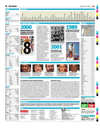 68 Viernes 24 mayo 2013 M
Los ‘culpables’ de la mala campaña del Madrid
Se acaba una temporada nefasta para el Real Madrid. ¿Culpa-
bles?Todos.Elprocederdeunpresidente,FlorentinoPérez,que
no cercena la rebelión, resulta incomprensible. Tampoco en-
tiendolaactitudpasivadelcapitán,IkerCasillas,quedebióin-
tervenirapoyandopúblicamenteasuentrenadorenbeneficio
del club que le paga, y muy bien por cierto. Un entrenador, Jo-
sé Mourinho, que ha sido incapaz de adoptar las medidas ne-
cesariascuandodebía,pormuyfuertesquefueran,paraimpo-
nerlaautoridadqueseleconfirióyque,cuandolohizo,unavez
eliminado en semifinales de la Champions, ya pensaba en in-
glés. El público, por su parte, se decantó por apoyar a los juga-
dores o al entrenador y se olvidó de ser del Madrid. En conse-
cuencia, mal año. Jesús Huertas (correo electrónico)
¡Florentino, vete ya!
Debo ser el único madridista al que no le gusta Florentino Pé-
rez. Donde los demás ven un ser superior, yo veo alguien inca-
paz de hacer un equipo competitivo. En vez de españolizar la
plantilla, ficha medianías como Coentrao, Essien, Adebayor...
Ensuprimeraypésimaetapa,destituyódemalamaneraaDel
Bosque para fichar a Luxemburgo o Queiroz antes de abando-
narelcargoydejarelclubaladeriva.Estasegundaetapahasi-
dolamáslamentabledelahistoria.Lehadadomáximospode-
res al entrenador que más ha pisoteado el señorío madridista.
Mientras, él permanecía impasible. En toda la historia, sola-
mente en siete campañas no hemos ganado nada ni en fútbol
ni en baloncesto. Pues bien, cuatro de ellas, han sido bajo su
mandato. Florentino, vete ya. Ramiro Elvira (Guadalajara)
A Coruña 15 11
Albacete 24 9
Alicante/Alacant 23 14
Almería 24 15
Ávila 17 5
Badajoz 29 13
Barcelona 19 13
Bilbao 14 9
Burgos 12 3
Cáceres 26 12
Cádiz 23 17
Castellón de la Plana 22 14
Ceuta 23 17
Ciudad Real 26 10
Córdoba 30 12
Cuenca 21 8
Girona 17 8
Granada 24 9
Guadalajara 23 6
Huelva 25 13
Huesca 16 6
Jaén 25 15
Las Palmas 24 18
León 14 4
Lleida 20 7
Logroño 15 6
Lugo 16 6
Madrid 24 10
Málaga 26 18
Melilla 27 18
Murcia 25 14
Ourense 22 6
Oviedo 13 7
Palencia 14 5
Palma de Mallorca 20 10
Pamplona 13 5
Pontevedra 20 10
Salamanca 19 6
San Sebastián 14 9
Santa Cruz de Tenerife 23 18
Santander 15 10
Segovia 17 4
Sevilla 29 14
Soria 13 5
Tarragona 21 10
Teruel 18 4
Toledo 25 10
Valencia 23 14
Valladolid 16 5
Vitoria 13 5
Zamora 17 6
Zaragoza 17 8
CIUDAD MAX MIN
Sorteos
El TiempoLa máquina del tiempo Por Rafa Molina
La encuesta de MARCA.com
De ayer
UNA INFORMACIÓN DE AEMET
¿Seríaunpasoatráspara
Higuaínficharporla‘Juve’?
Atención al lector
y suscripciones
902373337
75%
Sí No
25%
De hoy
¿CreesqueNeymarpodría
aliviarlacargadeMessi?
Hoy cumplen años
Juéguese el café
Cartas al director
Tracy McGrady, 34
Jugador norteamericano
de los San Antonio Spurs.
Alex Fernández, 39
Ex futbolista que militó
en el Sporting de Gijón.
Joe Dumars, 50
Ex jugador de los Detroit
Pistons de la NBA.
Eric Cantona, 47
Ex jugador francés del
Manchester United.
Ismael Urtubi, 52
Ex centrocampista del
Athletic de Bilbao.
Las cartas por correo a Cartas al Director, Diario Marca, Avenida de San Luis, 25-27, 1ª planta, Madrid 28033. También a la dirección de correo cartasaldirector@marca.com.
Máximo 15 líneas. MARCA no se compromete a su publicación.
¿CuántasfinalesdelaLigadeCampeonessehandecididoenlatandadepenaltis? Solucióndel‘Juégueseelcafé’
deayer: Darryl Middleton es el jugador que ha sido nombrado MVP de la ACB en más ocasiones, tres.
Servicios
Radio MARCA
Alicante
Almansa(Abacete)
Almería
Barcelona
Bibao
Cáceres
Cádiz
Cantabria
Castellón
Córdoba
Coruña
Guadalajara
Hellín(Albacete)
Huelva
biza
Lanzarote
LasPalmas
León
Madrid
MadridNorte
MadridNoroeste
MadridSur
Málaga
Mallorca
Menorca
Navarra
Palencia
RadioMarcaElche
Rioja
RiojaBaja
SanSebastián
SantaCruzdeTenerife
Sevilla
SoloRadioCartagena
SoloRadioCieza
SoloRadioJumilla
SoloRadioMurcia
SoloRadioNoroesteCehegín
SoloRadioTorrepacheco
TenerifeNorte
TenerifeSur
Tortosa(Tarragona)
Valencia
Valladolid
Vigo
Zaragoza
101.896.8 101.4 89.1 1062 90.4 101.7 94.2 93.11055 89.2 1045 90.6 97.7 98.7 93.6 88.2 100.6 103.5 94.6 94.2 92.7 969 91.6 102.1 105.6 98.8 101.4 90.6 1063 94.1 91.5 1069 98.8 889 87.6 90.0 97.7 97.8 101.9 90.9 1015 101.9 87.6101.3 1042
s El guardameta de la Real
Sociedad, Espanyol y
Barcelona Javier
Urruticoechea falleció a causa
de un accidente de circulación
a los 49 años de edad.
s La final de la Liga de
Campeones 1999-2000
disputada en el estadio de
Saint Denis tuvo un claro
color español al enfrentarse
Real Madrid y Valencia.
Ambos habían firmado una
excepcional competición.
Los madridistas habían
eliminado a Manchester
United y Bayern de Múnich
mientras que los chés a
Lazio y Barcelona.
La victoria se decantó a
favor del Real Madrid que
lograba su octava Copa de
Europa al ganar la final por
3-0. El conjunto merengue
dominó completamente el
encuentro que se puso de
cara con el gol de
Morientes en el minuto 39
de partido. McManaman y
Raúl, firmando un gran
contraataque en el que
sorteó a Cañizares,
redondearon la victoria del
nuevo campeón de Europa.
El Real Madrid se
impone en la final
española de París
2000
2001Urruti fallece en un
accidente de tráfico
sEl Milan se proclamó
campeón de Europa por
tercera vez al derrotar al
Steaua de Bucarest en el
Camp Nou por 4-0 con Gullit y
Van Basten como goleadores.
1989El Milan gana la Copa de
Europa en el Camp Nou
Staff
GRUPO UNIDAD EDITORIAL
ADJUNTO AL DIRECTOR:
Santiago Segurola
santiago.segurola@marca.com
DIRECTORES ADJUNTOS:
Francisco Justicia,
francisco.justicia@marca.com
Miguel Ángel Turci
miguela.turci@marca.com
Francisco García Caridad
pacog.caridad@marca.com
DIRECTOR GENERAL EDITORIAL:
PEDRO J. RAMÍREZ
DIRECTOR:
ÓSCAR CAMPILLO
oscar.campillo@marca.com
DIRECTOR DE ARTE:
José Juan Gámez
gamez@unidadeditorial.es
SUBDIRECTORES:
Juan Ignacio Gallardo
juancho.gallardo@marca.com
Carlos Carpio
carlos.carpio@marca.com
REDACTORES JEFE:
Roberto Palomar(rpalomar@marca.com),
Gerardo Riquelme (riquelme@marca.com),
JoséMaríaRodríguez
(jrodriguez@marca.com),
Germán Pizarro (Infografía)
(german.pizarro@marca.com),
Bruno Sáez (Diseño)
(bruno.saez@marca.com),
Javier Domínguez (Marca.com)
(fjd@marca.com),
Emilio Contreras (Marca.com)
(econtreras@marca.com) y
Sofía Martín (Coordinación multisoporte)
(sofia@marca.com).
PRESIDENTE:
ANTONIO FERNÁNDEZ-GALIANO
VICEPRESIDENTES: Alejandro de Vicente y Giampaolo Zambeletti
DIRECTOR GENERAL: Nicola Speroni
DIRECTOR GENERAL DE PUBLICIDAD: Jesús Zaballa
GERENTE: Gema Monjas
DIRECTORA DE PUBLICIDAD: Mar de Vicente
DIRECTOR DE MARKETING: Juan Hevia-Aza
Edita: Unidad Editorial Información Deportiva, S.L.U.
M
La Once
Jueves 23
Número: 03751
Reintegro: 0 - 1
Serie: -
Súper Once
Jueves 23
01, 05, 07, 08, 09, 10, 31, 36, 44, 55,
58, 59, 60, 63, 66, 68, 72, 78, 79, 80
El 7/39
Jueves 23
02 13 16 18 20 29 35
Reintegro: 4
De 7 - -
De 6 1 13.727,27
De 5 89 102,83
De 4 1.372 10,00
Reintegro 12.837 1,00
Primitiva
Jueves 23
3 14 31 36 38 44
Compl: 2 Reint: 8 El Joker: 4 008 441
Especial 0 0,00
De 6 1 1.902.370,12
De 5 + C 3 95.118,51
De 5 235 2.630,94
De 4 13.321 74,98
De 3 239.143 8,00
Sábado 18
9 16 17 34 44 45
Compl: 37 Reint: 2 El Joker: 2 418 163
Especial 0 0,00
De 6 1 1.832.420,38
De 5 + C 6 45.810,51
De 5 152 3.918,00
De 4 9.879 97,38
De 3 210.403 8,00
Gordo Primitiva
Domingo 19
03 28 33 36 48
Clave: 7
5+1 0 0,00
5+0 0 0,00
4+1 41 5.738,26
4+0 237 178,18
3+1 1563 30,88
3+0 10308 15,22
2+1 24732 4,88
2+0 161828 3,00
0+1 421929 1,50
Euromillones
Martes 21
7 8 19 28 29
Estrellas: 5 y 9
5+2 0 0,00
5+1 7 182.069,97
5+0 5 84.965,99
4+2 97 2.189,84
4+1 1.311 141,77
4+0 2.325 79,94
3+2 3.703 35,85
3+1 55.694 10,49
2+2 49.444 12,35
3+0 97.875 10,04
1+2 230.549 7,49
2+1 740.640 6,31
2+0 1.291.528 3,70
Bonoloto
Lunes 20
2 3 19 26 37 45
Complementario: 25 Reintegro: 1
De 6 0 0,00
De 5 + C 1 156.778,64
De 5 50 1.567,79
De 4 3623 34,26
De 3 70066 4,00
Martes 21
14 26 27 30 31 49
Complementario: 10 Reintegro: 2
De 6 0 0,00
De 5 + C 3 55.444,60
De 5 65 1.279,49
De 4 3.947 33,36
De 3 72.938 4,00
Miércoles 22
9 10 12 16 28 42
Complementario: 45 Reintegro: 5
De 6 0 0,00
De 5 + C 3 59.956,84
De 5 97 927,17
De 4 4.810 29,60
De 3 87.370 4,00
Viernes 17
8 25 28 35 37 48
Complementario: 9 Reintegro: 0
De 6 1 1.334.109,82
De 5 + C 2 105.270,70
De 5 128 822,43
De 4 5.512 30,24
De 3 97.509 4,00
PARA CONFIRMAR CONSULTAR LISTAS OFICIALES
 