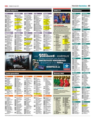 69Viernes 24 mayo 2013M
Canales generalistas
10.05 AmericanChopper
10.55 Loshermanosdel
pantano
11.45 Monstruosderío
Depredador con
sierra eléctrica.
Hace 25 años,
Jeremy Wade
encontró en una
ferretería del
Amazonas el arma
más siniestra que
había visto en su
vida. Medía un
metro de largo y
cada lado estaba
plagado de dientes
de 5 centímetros.
12.35 Elúltimo
superviviente
13.25 Joyassobreruedas
15.10 Asísehace
16.05 ¿Cómolohacen?
17.00 AcuariosXXL
17.55 Cazasubastas
18.50 Tratohecho
19.45 Joyassobreruedas
21.35 Asísehace
22.30 AcuariosXXL
00.25 Loscazadoresde
mitos
02.15 Enterradoenmi
basura
03.00 Joyassobreruedas
Camioneta Chevy.
Mike se desplaza a
San Francisco para
buscar una
camioneta
Chevrolet
Stepside.
03.45 LondonInk
04.30 Perfildeun
psicópata
Canales deportivos Autonómicas
Canal 9
12.45 Gormandia
13.15 Socarrats cocktail
14.00 NT9 1ª Edició
15.00 Nou Esport
15.15 L'Oratge
15.30 Ocupa't
15.45 Cine: El secreto de mi
familia
17.30 Bon dia, bonica
18.30 Cuidadors d'animals
19.00 Cine: Joe Navidad
21.00 NT9 2ª Edició
21.30 Nou Esport
21.45 L'Oratge
22.00 Cine: Crónica de un
engaño
23.30 Cine: The box (la
caja)
01.30 Curts
02.30 En clau de nou
TVG
14.25 Telexornal Mediodía
15.30 Recuperando a Vidal
Bolaño
16.18 Por la cara
16.48 Libro de familia
17.57 No bico un cantar
18.01 Jóvenes Jinetes
18.46 Boletín informativo
18.54 Rex
19.45 No bico un cantar
19.48 Cantares Gallegos
20.28 Información sobre o
estado do mar
20.30 Galicia noticias serán
20.58 Telexornal Serán
21.59 Luar
01.31 Cine: A extraña que
hai en ti
TV Canarias
11.25 Una familia con
suerte
13.00 Canarias Hoy
14.30 Telenoticias
14.55 TN Deportes
15.05 El Tiempo
15.30 Cine: Diligencia a
Thunder Rock
17.05 Cine: La guerra de
Murphy
19.25 En abierto
20.30 Telenoticias
20.55 TN Deportes
21.10 El tiempo
21.30 Parranda canaria
23.10 Concierto Jóvenes
Cantadores
01.10 Desaparecida
CLMTV
14.00 Las Noticias
14.45 La cancha
15.15 El campo
15.30 Los toros
15.35 El tiempo
15.45 Cifras y Letras
16.15 Cine: Carson City
18.30 Ancha es Castilla-La
Mancha
20.00 Las Noticias
20.40 La cancha
20.50 El campo
21.00 ¿Y usted qué opina?
21.45 X la cara
22.15 Cine: El señor de la
guerra
00.30 Cine: Recortes de mi
vida
ETB
12.55 Pil pilean
13.30 Txoriene
14.00 Gaur egun
14.40 Eguraldia
14.55 Italiako Giroa. 19ª
etapa
17.10 Goenkale
17.40 Hanibal
18.25 Iparraldearen orena
18.35 Otorduan Karlos
Argiñano
18.50 Txoriene
19.15 Azpimarra +
20.00 Gaur egun
20.45 Eguraldia
21.00 Hitzetik hortzera
22.00 ETB Kantxa
00.00 Boxeo izarrak
CYLTV
10.30 Espacio abierto
11.45 Cuánto te quiero
12.30 Vamos a ver
14.00 Nuestro campo
bravo
14.30 CyLTV Noticias
15.15 El tiempo
15.30 CyLTV Noticias
16.25 Abigail
18.15 Vamos a ver
19.40 Rex
20.30 CyLTV Noticias
21.15 El tiempo
21.30 Hoy toca jota
22.00 Special Task Force
23.55 CyLTV Noticias
Telemadrid
07.15 Cyberclub
08.30 Animalandia/Instinto
Animal/Animalia
10.15 ¿Qué comemos hoy?
11.15 Rex
13.00 Cifras y letras
14.00 Telenoticias
15.00 Hora Deportiva
15.15 El Tiempo en
Telemadrid
15.30 Cine Western
18.00 Cine
20.30 Telenoticias
21.30 Hora Deportiva
21.45 El Tiempo en
Telemadrid
22.00 Cine
00.15 Diario de la Noche
00.45 Breaking Bad
04.15 Redifusiones
IB3
09.30 La mirada
11.05 Tríptic
11.35 Un segle de pinyol
vermell
12.00 La mirada
12.15 Mossèn Capellà
13.30 La mirada
13.59 IB3 Notícies
15.20 El Temps
15.25 Cine: El coloso en
llamas
18.15 La mirada
20.00 Una micona més
20.30 IB3 Notícies
21.45 El Temps
21.50 Cine: Los perdedores
23.20 Cine: Daybreakers
01.00 Lost girl
Canal Sur
08.00 Buenos días,
Andalucía
10.30 Tiene Arreglo
13.55 Canal Sur Noticias
15.30 Más que noticias
16.00 La tarde, aquí y
ahora
18.30 Andalucía directo
19.55 Cómetelo
20.30 Canal Sur Noticias
21.30 Menuda noche
23.45 La semana más larga
01.20 La noche al dia
01.30 Aldea global
02.00 Cine: Mujeres de
acero (2ª parte)
03.45 Variedades
04.15 Clásicos
TV3
08.00 Els Matins
14.00 Telenotícies
comarques
14.20 El medi ambient
14.30 Telenotícies
15.40 Cuines
15.50 La Riera
16.35 Divendres
18.15 Joséphine
19.57 Espai Terra
20.20 El Gran Dictat
21.00 Telenotícies
21.50 Zona zàping
22.25 Cine: Mentre dorms
00.10 Cine: El principiant
02.10 TR3S C
02.15 Bombers de Nova
York
C. ExtremaduraMurcia TV
14.00 Extremadura
Noticias
14.35 El Tiempo
14.45 Tu empleo
15.15 Dos Hogares
16.00 Natalia del mar
17.30 Buenas Tardes
Extremadura
19.30 Conexión
Extremadura
20.30 Extremadura
Noticias
21.05 El tiempo
21.15 El Análisis
22.00 Algo especial
22.55 Cine: La ultima
tentación de Cristo
01.35 El grifo
10.00 Euronews
12.45 Murcianos por el
mundo
13.45 La cocina de baró
14.30 Avance informativo
14.45 La 7 motor
15.20 Fringe (Al límite)
16.00 Viva la vida
18.00 Avance informativo
18.15 Vaughan
19.30 Murcianos por el
mundo
20.30 Informativos 7RM
21.10 La separata
21.30 XIII
22.15 Cine: Todos los
caballos bellos
00.00 Informativos 7RM
Aragón TV
08.00 Buenos días Aragón
10.00 Euronews
10.30 Rex
12.10 Avance informativo
12.15 Sin ir más lejos
13.30 Xlacara
14.00 Aragón Noticias
15.00 Cine: Más allá de río
Grande
16.40 Sin ir más lejos
18.05 Aragón en abierto
20.00 La pera limonera
20.30 Aragón Noticias
21.30 Unidad móvil
23.30 Cine: Terminator 3: la
rebelion de las
máquinas
01.10 Trust me
TPA
14.00 TPA Noticias
14.40 TPA deportes
14.50 El Tiempo
15.00 Giro de Italia:
Etapa 19
17.25 Yo soy rural
17.55 Conexión Asturias
20.30 TPA Noticias
21.10 TPA deportes
21.25 El Tiempo
21.30 Date una vuelta
22.00 Superasturian@s
22.30 Caballos de metal
23.00 Cine: Caprichos del
destino
00.45 TPA Noticias
Gol T
10.00 Planeta Axel
10.30 Gol Zap
11.00 La Liga Show
11.30 Boca Juniors-
Newell's
13.30 Liga World
14.00 Planeta Axel
14.30 La Liga Show
15.00 Gol Zap
15.30 Premier World Show
16.00 Crónicas La Liga
16.30 Tijuana-Atlético
Mineiro
18.30 Planeta Axel
19.00 Gol Zap
19.30 Premier World Show
20.00 La Liga Show
21.00 Boca Juniors-
Newell's
23.00 Gol Zap
23.30 La Liga Show
00.00 Planeta Axel
00.30 Liga World
01.00 Premier World Show
Teledeporte
10.15Conexión Tenis
10.45Estudio Estadio
12.30Baloncesto: Amistoso
Selección Femenina:
España-Finlandia
14.00 Torneo WTA
Bruselas: Primera y
segunda semifinal
17.45 Fútbol Liga de
Campeones
18.15 Turf Carreras de
Caballos
19.15 Desafío Champions
20.30 Conexión
Teledeporte
21.00 Liga Adecco Oro: BC
River Andorra-
Lucentum Alicante.
Playoff Final 1º
partido
22.45 Estudio Estadio
00.30 Liga Endesa: Real
Madrid-Blusens
Monbus. Playoff
C+ Fútbol
10.00 Liga Argentina:
Torneo Final 2013
11.00 Premier League:
Newcastle-Arsenal
12.45 Goles Bundesliga
13.00 Premier League
14.00 Bundesliga: Borussia
M'Gladbach-Bayern
Múnich
15.45 Goles Premier
16.00 Serie A Show
16.30 Footbrazil
17.00 Calcio: Cagliari-Lazio
18.45 Fiebre Maldini
20.00 Premier League:
West Bromwich-
Manchester Utd.
21.45 Unidos por un sueño
22.15 Premier League World
22.45 Goal! Season Ticket
23.15 Bundesliga:
Hoffenheim-
Kaiserslautern
01.00 Footbrazil
C+ Liga
10.45 El sabor de la Liga
11.15 Goles de plata
11.30 Goal!
12.00 Footbrazil
12.30 Especial Liga
14.00 Fútbol por el Mundo
14.45 Liga BBVA:
Zaragoza-Athletic
16.30 Premier League
17.30 Especial Liga
18.00 Liga BBVA:
Levante-Rayo
19.45 Goles Calcio
20.00 Más deporte
20.30 El día del fútbol
20.55 La casa del fútbol
21.05 Fútbol por el Mundo
21.50 La casa del fútbol
22.00 Espacio reservado C+
22.30 Premier League World
23.00 Unidos por un sueño
23.30 Especial Liga
00.00 Amistoso: Estrellas
Singapur-At. Madrid
Eurosport
Sportmania
10.20 Cara a cara: Daimiel
y Ricky Rubio
10.45 The Association NBA
11.15 FIFA Fútbol Mundial
11.45 Footbrazil
12.15 MLS: NY Red Bulls-
LA Galaxy
14.00 Generación NBA
15.00 PGA Tour: Crowne
Plaza Invitational
17.00 NBA Live
17.15 Campeonato de
España de Rally
(asfalto) 2013
17.45 PGA Tour Inside
18.15 Birdie
18.45 NHL: Red Wings-
Blackhawks
20.35 Transworld Sport
21.30 MLB Player Poll
22.00 Generación NBA
23.00 Torneo Super 15:
Hurricanes-Chiefs
00.45 Bundesliga
C+ Deportes
11.00 Generación NBA+
12.00 De Rally: Cantabria
12.30 Hacia Roland Garros
13.00 Tie Break
13.35 Transworld Sport
14.30 NHL: Red Wings-
Blackhawks
16.30 Generación NBA+
17.30 The Association NBA
18.10 Diamond League
20.15 De Rally: Cantabria
20.45 NBA Live
21.00 NBA en acción
21.30 PGA Tour Inside
22.00 Hacia Roland Garros
22.30 Marrakech Land
Rover Experience
23.00 NBA Live
23.15 MLB Player Poll
23.50 NBA Live Weekend
00.45 Generación NBA+
01.45 NBA Live
02.00 NBA en acción
02.30 NBA+: Heat-Pacers
C+ Golf
11.30 Academia Canal+ Golf
11.45 PGA Tour 2013:
Crowne Plaza
Invitational
14.45 Casa Club
15.45 Academia Canal+ Golf
16.00 European Tour: BMW
PGA Championship
19.00 Academia Canal+ Golf
19.15 Audi Canal+ Tour
2013: Golf Layos
19.45 Invitados al Edén
21.00 PGA Tour 2013:
Crowne Plaza
Invitational
00.00 Academia Canal+ Golf
00.15 European Tour: BMW
PGA Championship.
Jornada 2
03.15 Casa Club
04.15 Academia Canal+ Golf
04.30 PGA Tour 2013:
Crowne Plaza
Invitational
R. Madrid TV
18.55 Top Ronaldo
19.00 Boletín informativo
19.15 La fábrica
20.05 Realmadrid Life
20.25 13º aniversario la
octava: Real Madrid-
Valencia
20.40 Top Ronaldo
20.45 Real Madrid-Sevilla
21.05 Real Sociedad-Real
Madrid
21.20 Top Ronaldo:
A balón parado
21.25 La Cantera Global
21.35 Personal de...
Pablo Laso
21.40 Realmadrid Life
22.00 Informativo
22.20 Top Ronaldo
22.25 Top Dani Ramírez
22.30 13º aniversario la
octava: Real Madrid-
Valencia
00.20 Informativo
14.00 Barça Notícies
14.30 Estació Camp Nou
15.00 Porta 104
15.15 600'' Espanyol-Barça
15.32 Especial: Campions
2013: La rua
15.45 600'' Espanyol-Barça
16.00 Barça Notícies
migdia
16.30 600'' Espanyol-Barça
16.45 ADN el rival de la
jornada
16.58 Temps de Joc.
Espanyol-Barça
18.43 600'' Màlaga-Barça
19.00 Més club
19.15 Porta 104
19.30 ADN Seccions
21.00 Futbol Sala: Barça
Alusport-Rios
Renovables FS
22.45 600" Espanyol-Barça
23.00 Tot Barça
00.00 Temps de Joc
TVE 1
10.05 La mañana de La 1
14.00 Informativo
territorial
14.30 Corazón
15.00 Telediario
16.00 Informativo
territorial
16.15 El tiempo
16.30 Gran Reserva. El
Origen
17.30 Amores verdaderos
18.30 Tenemos que hablar
19.10 Liga Endesa: Real
Madrid-Blusens
Monbus. Playoff,
(Cuartos de final)
21.00 Telediario
22.15 El tiempo
22.30 Cine: Rocky Balboa.
EE.UU. 2006.
Director: Sylvester
Stallone
00.05 Ley y orden: Acción
criminal
La 2
10.00 UNED
11.00 Documental
12.00 Para todos La 2
13.40 Zoom net
13.55 Crónicas
14.40 Docufilia
15.35 Saber y ganar
16.05 Documentales
18.30 El escarabajo verde
19.00 La Casa Encendida
19.30 Solo moda
20.00 Paraísos cercanos
21.00 Documental
21.55 La suerte en tus
manos
22.15 Teatro Chino
Manolita Chen
23.15 Con una sonrisa
23.45 Atención Obras
00.45 Concierto Muse "War
child"
01.55 Cenas después de
media noche con
Daniel
Antena 3
08.55 Espejo Público.
Entrevista a Albert
Rivera
12.20 Karlos Arguiñano en
tu cocina
12.50 La ruleta de la suerte
14.00 Los Simpson
15.00 Antena 3 Noticias
15.45 Antena 3 Deportes
16.00 El tiempo
16.30 Amar es para
siempre
17.30 El secreto de Puente
Viejo
18.45 Ahora caigo
20.00 Atrapa un millón
diario
21.00 Antena 3 Noticias
21.40 Antena 3 Deportes
21.55 El tiempo
22.10 Increíbles: el gran
desafío
02.45 Campeonato
europeo de póker
Cuatro
09.45 Rush
10.30 Alerta Cobra
12.30 Las mañanas de
Cuatro
14.00 Noticias Cuatro
14.50 Deportes Cuatro
15.45 Castle
18.30 Te vas a enterar
20.00 Noticias Cuatro
21.00 Callejeros Viajeros:
Familias viajeras
21.30 Me cambio de
familia
23.00 Callejeros: Después
del deshaucio
00.00 Callejeros:
Okupación por
desahucio
01.00 Callejeros: Bares de
Barcelona
01.30 Callejeros: Bares de
Cádiz
02.15 Liga NBA: Miami
Heat-Indiana Pacers
Telecinco
08.55 El programa de Ana
Rosa
12.45 Mujeres y hombres y
viceversa
14.30 De buena ley.
Presentado por
Sandra Barneda.
Espacio en el que
cada día se aborda
un caso diferente de
conflicto entre dos
personas
15.00 Informativos
Telecinco
16.00 Sálvame diario
20.15 Pasapalabra.
Presentado por
Christian Gálvez
21.05 Informativos
Telecinco
22.15 Sálvame Deluxe.
Presenta Jorge
Javier Vázquez
02.30 Premier casino
La Sexta
09.30 Crímenes
imperfectos
10.30 Crímenes
imperfectos: Ricos y
famosos
11.30 Informe criminal
12.25 Al rojo vivo
14.00 La Sexta Noticias
15.00 Jugones
15.30 La Sexta Meteo
15.35 Taxi. Presentado por
Miki Nadal
16.25 Así nos va
17.45 Más vale tarde
20.00 La Sexta Noticias
20.55 La Sexta Meteo
21.00 La Sexta Deportes
21.30 La sexta columna:
Aznar: ¿El retorno?
22.30 Equipo de
investigación:
Sánchez Gordillo, sus
actuaciones
02.00 Astro TV
Canal + 1
09.00 Cine: Los Muppets.
EE.UU. 2011.
Director: J. Bobin
10.40 Cine: Young Adult
12.15 Iñaki
13.08 Mundo infinito
13.15 Tentaciones
14.10 NBA Live
14.25 Girls
15.00 Cine: Luces rojas
16.55 Generación NBA
17.55 Juego de tronos
18.10 Cine: In Time. EE.UU.
Director: A. Niccol
20.00 Cóctel Mad Men
20.20 Óxido nitroso
20.42 Visionarios
21.30 Ilustres ignorantes
22.00 Cine: Qué esperar
cuando estás
esperando
23.55 Juego de tronos
00.50 Juego de tronos:
Dentro del episodio
Intereconomía
10.15 Es la mañana de
Federico
11.00 Teletienda
11.15 Es la mañana de
Federico
12.00 Bravo y su gente
14.45 Vivir de cine
15.00 El telediario
15.35 Deportes
15.38 El tiempo
15.40 Teletienda
15.55 Los mejores
momentos de La
mañana de Federico
16.50 Queremos opinar
Express
17.30 Queremos opinar
18.45 Cine
20.30 El telediario
21.05 Deportes
21.20 Universo clones
21.45 El gato al agua
23.45 Punto Pelota
00.15 La calle no calla
La Sexta 3
10.00 Todo cine
12.00 Cine: Ace Ventura, un
detective diferente.
EE.UU. 1993.
Director: T. Shadyac
13.25 Cine: Sé infiel y no
mires con quién
15.30 Cine: ¡Vaya un
fugitivo!.
Coproducción. 1998.
Director: Pat Proft
17.15 Cine: Dos veces yo
19.00 Todo cine
20.00 Cine: La flor de mi
secreto. España.
1995. Director:
Pedro Almodóvar
22.00 Cine: Más fuerte que
su destino. EE.UU.
1998. Director:
Marshall Herskovitz
00.10 Cine: Dobles parejas.
Uruguay. 1992.
Director: A. J. Pakula
13TV
09.50 ¿Qué tiempo hace?
10.05 Teletienda
11.00 La tienda de Galería
del Coleccionista
11.30 Bendito Paladar
11.55 ¿Qué tiempo hace?
12.00 Ángelus
12.05 Santa Misa
12.45 Más claro agua
14.30 Al día
15.30 ¿Qué tiempo hace?
15.45 Cine:
El último cazador
17.05 ¿Qué tiempo hace?
17.25 TDT: Te damos la
tarde
18.45 Presentación cine
western
18.50 Cine: Ojos verdes,
rubia y peligrosa
20.30 Al día
23.00 Cine: San Agustín
02.30 ¿Qué tiempo hace?
02.45 Teletienda
Barça TV
07.00 Teletienda
Espacio dedicado a
la televenta.
14.00 MARCACenter
Internacional
Repaso a la
actualidad
deportiva
internacional.
16.00 Futboleros
Espacio en el que
se analiza la
actualidad
deportiva del día.
18.30 WorldPadelTour
El circuíto World
Padel Tour está
compuesto de 19
citas. En este
espacio,
analizaremos lo
más destacado de
la actualidad de la
competición.
19.00 Wrestling
20.00 MARCACenter
Presentado por
Rodrigo González.
21.00 FútbolSala:FC
Barcelona
Alusport-Ríos
Renovables
Playoffs. Narrado
por Miguel Ángel
Méndez.
22.35 Lanochedelboxeo
Presentado por
Jaime Ugarte y
Emilio Marquiegui.
Espacio dedicado
al deporte del
cuadrilátero.
01.00 TotalGaming
04.00 Teletienda.
MARCA TV
Discovery MAX
09.30 Giro de Italia:
18ª etapa
10.30 Tenis: Prepárate para
Roland Garros
10.45 Torneo ATP 250
Düsseldorf
12.00 Torneo ATP 250
Düsseldorf:
Semifinales
14.00 Tour de Bélgica:
Etapa 3
16.00 Torneo ATP 250
Düsseldorf:
Semifinales
18.00 Tenis: Prepárate para
Roland Garros
18.15 Dardos: World
Series: Dubai
21.30 Boxeo: Bigger's
Better. Combate del
peso pesado
23.30 Giro de Italia:
Etapa 19
00.30 Tour de Bélgica
21.35 · REPORTAJES
Así se hace
Artículos de uso diario se ponen bajo el
microscopio para descubrir cómo se fabrican:
extintores de incendios, donuts y
amortiguadores.
21.00 · FÚTBOL SALA
Playoffs: Barcelona-Ríos Renovables
Segundo partido de cuartos de final. Los
azulgranas se llevaron el primer choque en los
penaltis, pero Ríos confía en derrotar a los de
Marc Carmona por segunda vez este curso.
Miguel Ángel Méndez narrará el encuentro.
Esta parrilla se publica con el horario peninsular, salvo la programación de la televisión autonómica canaria.
Televisión Servicios
 