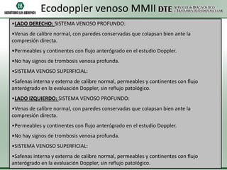 Ecodoppler venoso MMII
•LADO DERECHO: SISTEMA VENOSO PROFUNDO:
•Venas de calibre normal, con paredes conservadas que colapsan bien ante la
compresión directa.
•Permeables y continentes con flujo anterógrado en el estudio Doppler.
•No hay signos de trombosis venosa profunda.
•SISTEMA VENOSO SUPERFICIAL:
•Safenas interna y externa de calibre normal, permeables y continentes con flujo
anterógrado en la evaluación Doppler, sin reflujo patológico.
•LADO IZQUIERDO: SISTEMA VENOSO PROFUNDO:
•Venas de calibre normal, con paredes conservadas que colapsan bien ante la
compresión directa.
•Permeables y continentes con flujo anterógrado en el estudio Doppler.
•No hay signos de trombosis venosa profunda.
•SISTEMA VENOSO SUPERFICIAL:
•Safenas interna y externa de calibre normal, permeables y continentes con flujo
anterógrado en la evaluación Doppler, sin reflujo patológico.

 