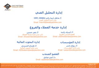 ‫إدارة‬‫الفني‬ ‫التحليل‬
‫أ‬/‫زكي‬ ‫أرميا‬ ‫مايكل‬CMT, CEWA1
ً‫مديرًإدارةًالتحليل‬‫الفنى‬
Email: marmia@arabeyaonline.com
‫والفروع‬ ‫العمالء‬ ‫خدمة‬ ‫إدارة‬
‫أ‬/‫راشد‬ ‫أشرف‬
‫العضوًالمنتدبًللفروع‬
Email: arashed@arabeyaonline.com
‫أ‬/‫حسين‬ ‫عمر‬
‫نائبًمديرًإدارةًخدمةًالعمالء‬
Email: ohussein@arabeyaonline.com
‫إدارة‬‫المؤسسات‬
‫أ‬/‫ياسر‬ ‫ريهام‬
ً‫مديرًإدارة‬‫المؤسسات‬
Email: ryasser@arabeyaonline.com
‫إدارة‬‫المالية‬ ‫البحوث‬
‫أ‬/‫الشبيني‬ ‫هشام‬
ً‫مديرًإدارةًالبحوث‬‫المالية‬
Email: HElShebeini@arabeyaonline.com
‫إ‬‫مس‬ ‫خالء‬‫ئو‬‫لي‬‫ة‬:
‫يستند‬‫هذا‬‫التقرير‬‫إ‬‫لى‬‫المعلومات‬‫المتاح‬‫ة‬‫للجمهور‬,‫و‬‫ليس‬‫المقصود‬‫بها‬ً‫عرضا‬‫لشراء‬‫أ‬‫و‬‫بيع‬‫أ‬‫و‬‫إ‬ً‫ستدراجا‬‫لشراء‬‫أ‬‫و‬‫بيع‬‫األ‬‫وراق‬‫المالي‬‫ة‬‫المذكور‬‫ة‬,‫والمعلومات‬‫و‬‫األ‬‫راء‬‫الوارد‬‫ة‬‫فى‬‫هذ‬‫التقرير‬‫الذى‬‫أ‬‫عده‬‫ق‬‫سم‬‫التحليل‬
‫الفن‬‫ي‬‫لعربي‬‫ة‬‫أ‬‫ون‬‫الين‬‫يمكن‬‫التعويل‬‫ع‬‫ليها‬‫وقت‬‫النشر‬,‫قسم‬‫التحليل‬‫الفن‬‫ي‬‫ال‬‫يقبل‬‫أ‬‫ى‬‫مسؤلي‬‫ة‬‫وال‬‫المسائل‬‫ة‬‫القانوني‬‫ة‬‫عن‬‫الخسائر‬‫و‬‫األ‬‫ضرار‬‫وأ‬ً‫يضا‬‫ال‬‫تشارك‬‫ف‬‫ي‬‫أ‬‫ى‬‫أ‬‫رباح‬‫تنشأ‬.
‫المنتدب‬ ‫العضو‬
‫د‬/‫صادق‬ ‫أيمن‬
Email: asadek@arabeyaonline.com
 