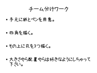 チーム分けワーク
●   手元に紙とペンを用意。

●   四角を描く。

●   その上に丸を３つ描く。

●   大きさやら配置やらは好きなようにしちゃって
    下さい。
 