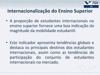 Internacionalização do Ensino Superior A proporção de estudantes internacionais no ensino superior fornece uma boa indicação da magnitude da mobilidade estudantil.  Este indicador apresenta tendências globais e destaca os principais destinos dos estudantes internacionais, assim como as tendências de participação do conjunto de estudantes internacionais no mercado.  