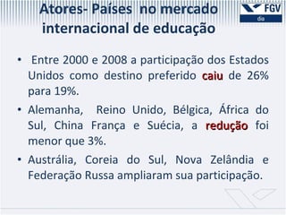 Atores- Países  no mercado internacional de educação Entre 2000 e 2008 a participação dos Estados Unidos como destino preferido  caiu  de 26% para 19%.  Alemanha,  Reino Unido, Bélgica, África do Sul, China França e Suécia, a  redução  foi menor que 3%.  Austrália, Coreia do Sul, Nova Zelândia e Federação Russa ampliaram sua participação.  