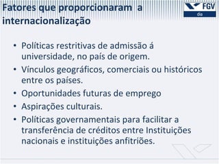 Políticas restritivas de admissão á universidade, no país de origem. Vínculos geográficos, comerciais ou históricos entre os países. Oportunidades futuras de emprego Aspirações culturais. Políticas governamentais para facilitar a transferência de créditos entre Instituições nacionais e instituições anfitriões. Fatores que proporcionaram  a internacionalização  
