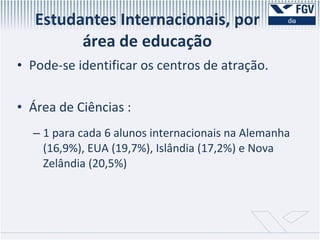 Estudantes Internacionais, por área de educação Pode-se identificar os centros de atração. Área de Ciências : 1 para cada 6 alunos internacionais na Alemanha (16,9%), EUA (19,7%), Islândia (17,2%) e Nova Zelândia (20,5%) 