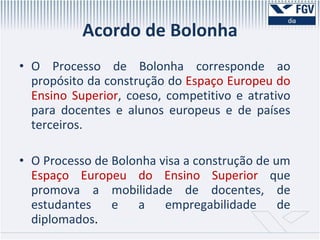 Acordo de Bolonha O Processo de Bolonha corresponde ao propósito da construção do  Espaço Europeu do Ensino Superior , coeso, competitivo e atrativo para docentes e alunos europeus e de países terceiros. O Processo de Bolonha visa a construção de um  Espaço Europeu do Ensino Superior  que promova a mobilidade de docentes, de estudantes e a empregabilidade de diplomados . 