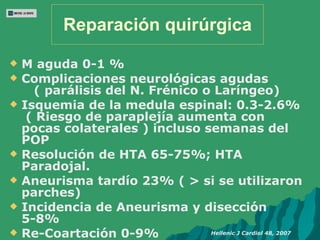 Reparación quirúrgica <ul><li>M aguda 0-1 % </li></ul><ul><li>Complicaciones neurológicas agudas  ( parálisis del N. Fréni...