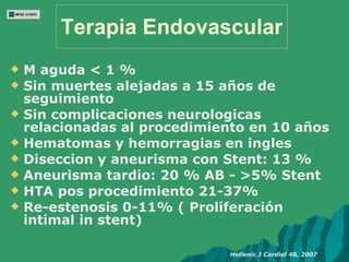 Terapia Endovascular <ul><li>M aguda < 1 % </li></ul><ul><li>Sin muertes alejadas a 15 años de seguimiento </li></ul><ul><...