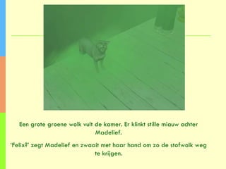 Een grote groene wolk vult de kamer. Er klinkt stille miauw achter Madelief. ‘ Felix?’ zegt Madelief en zwaait met haar hand om zo de stofwolk weg te krijgen. 