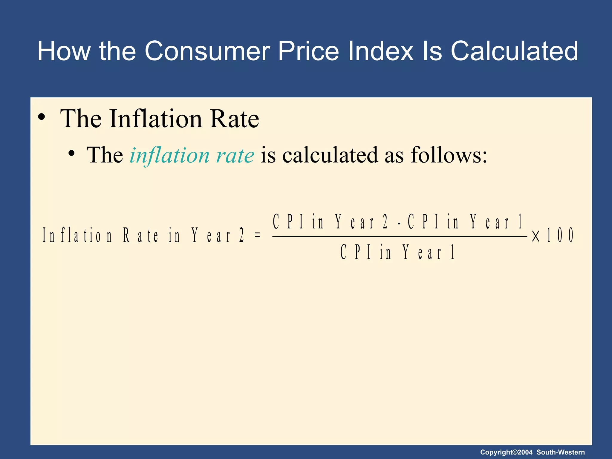 How the Consumer Price Index Is Calculated The Inflation Rate The  inflation rate  is calculated as follows: 