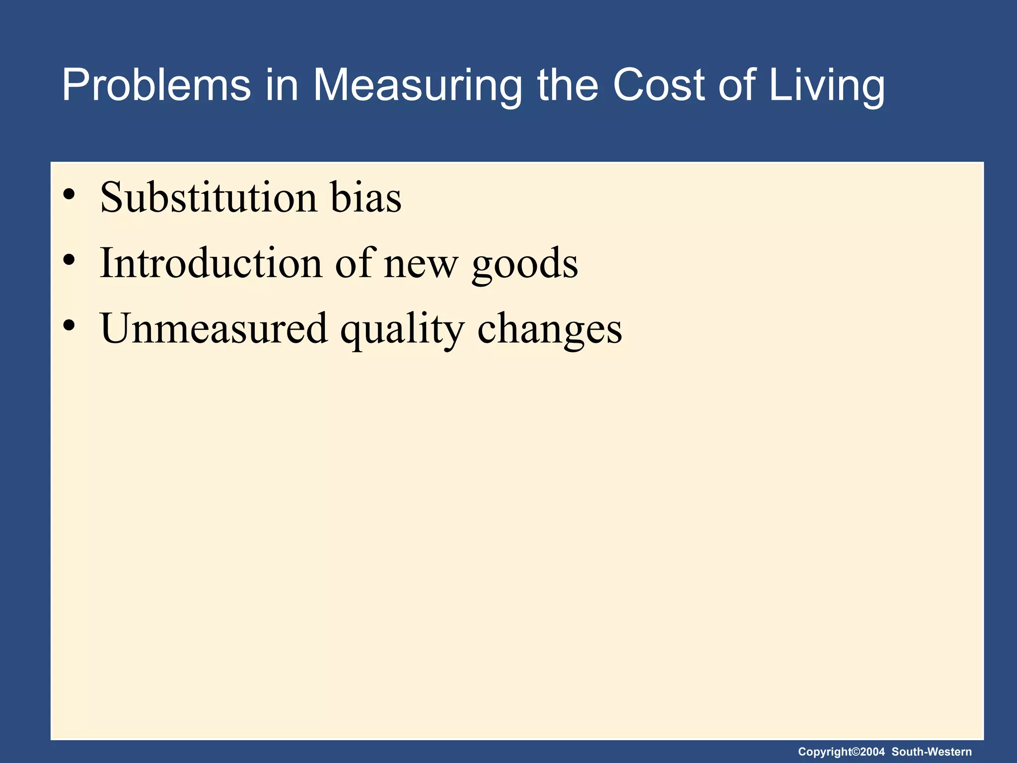 Problems in Measuring the Cost of Living Substitution bias Introduction of new goods Unmeasured quality changes 