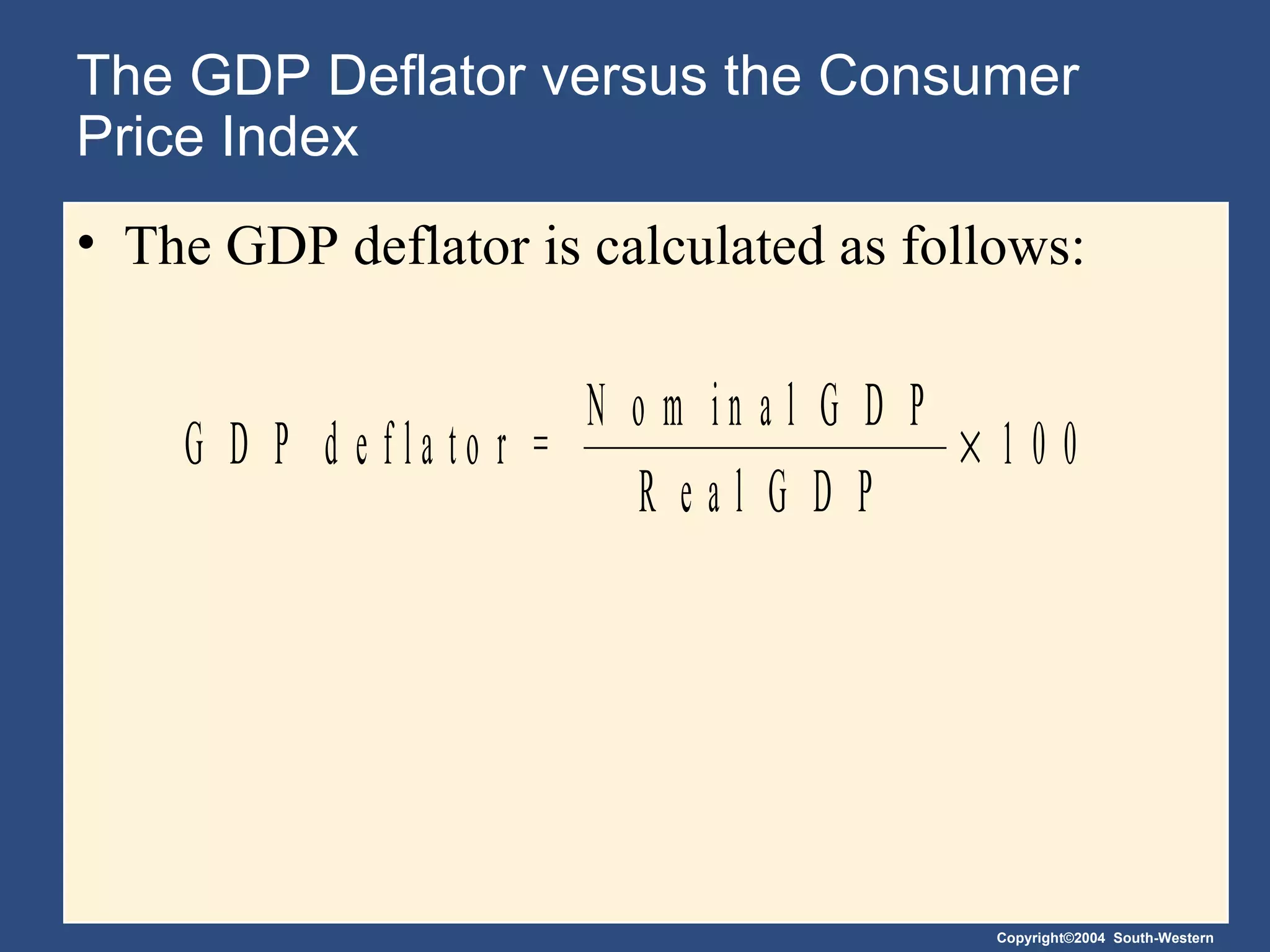 The GDP Deflator versus the Consumer Price Index The GDP deflator is calculated as follows: 