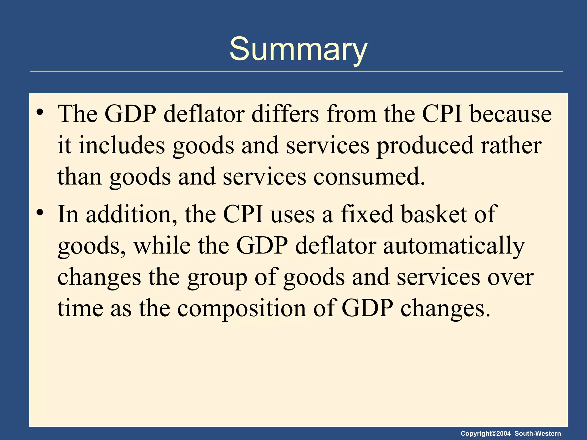 Summary The GDP deflator differs from the CPI because it includes goods and services produced rather than goods and services consumed. In addition, the CPI uses a fixed basket of goods, while the GDP deflator automatically changes the group of goods and services over time as the composition of GDP changes. 