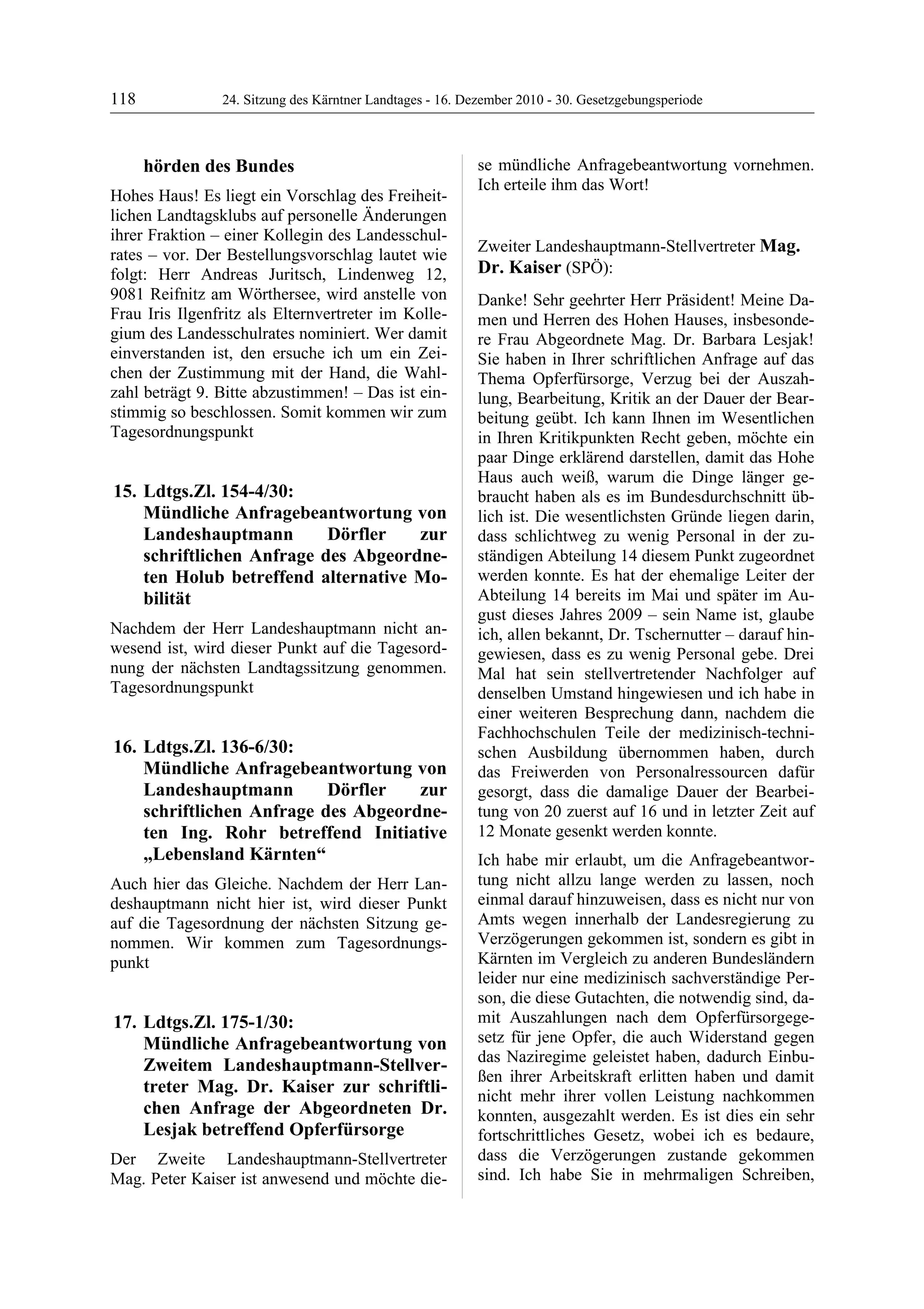 24. LTG-Sitzung am 16. Dezember 2010