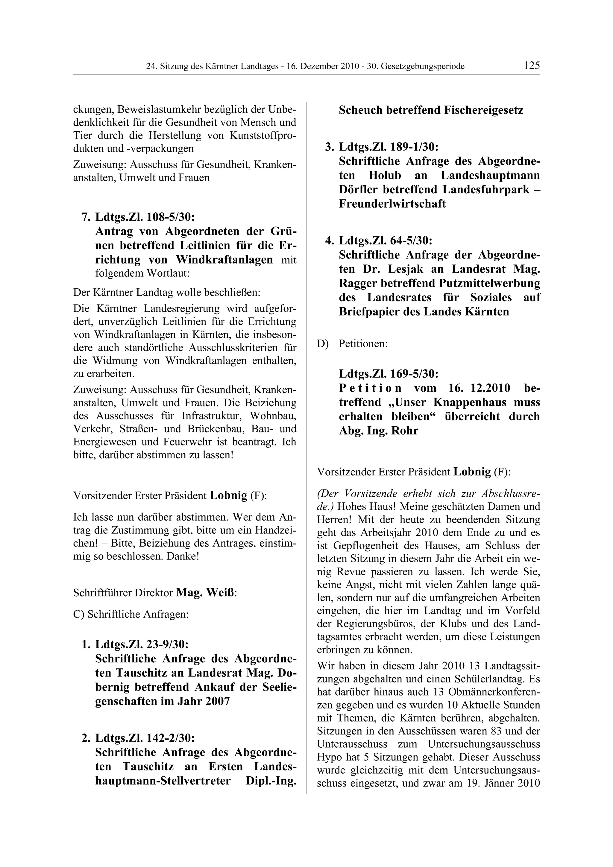 24. LTG-Sitzung am 16. Dezember 2010