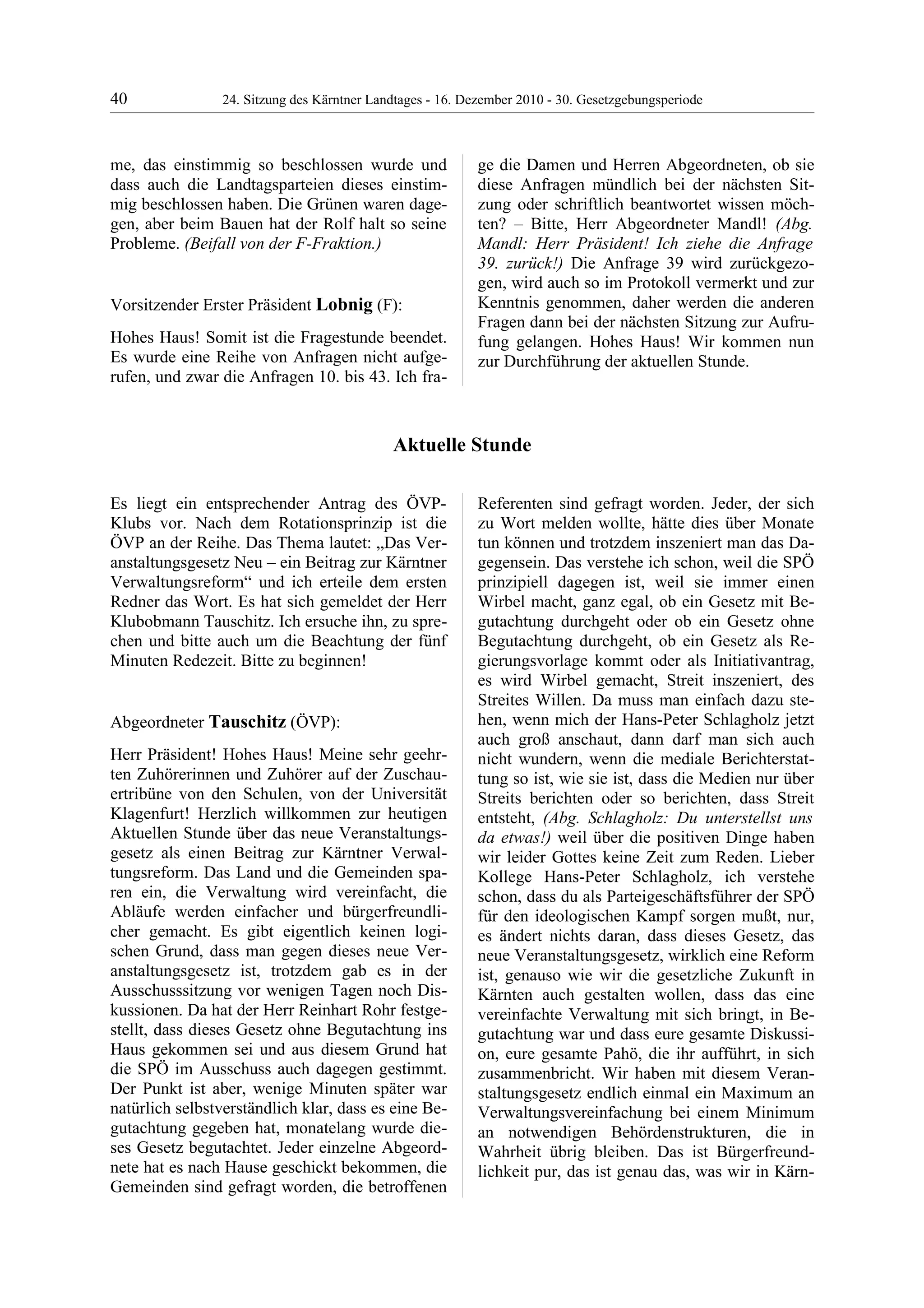 24. LTG-Sitzung am 16. Dezember 2010