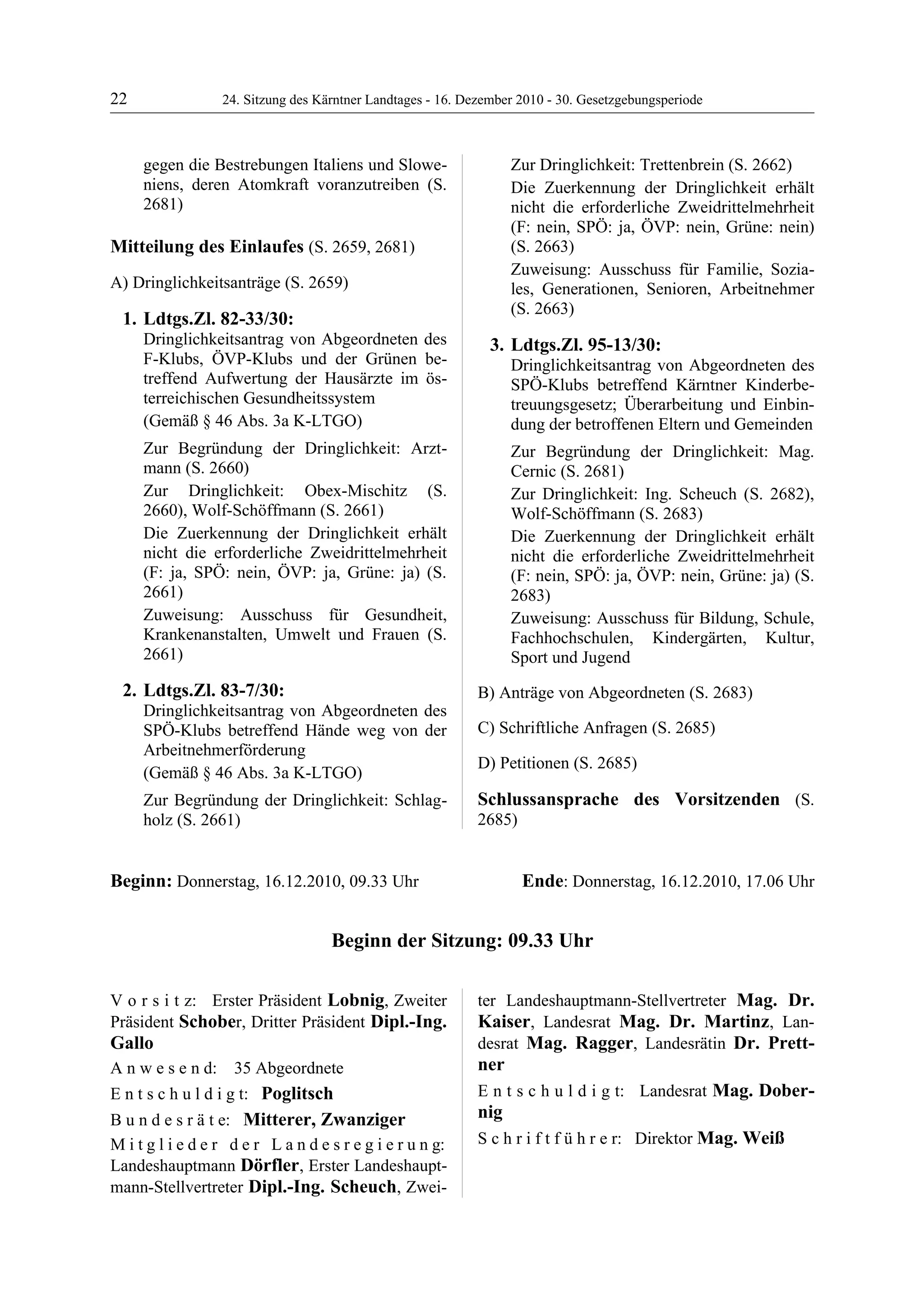 24. LTG-Sitzung am 16. Dezember 2010