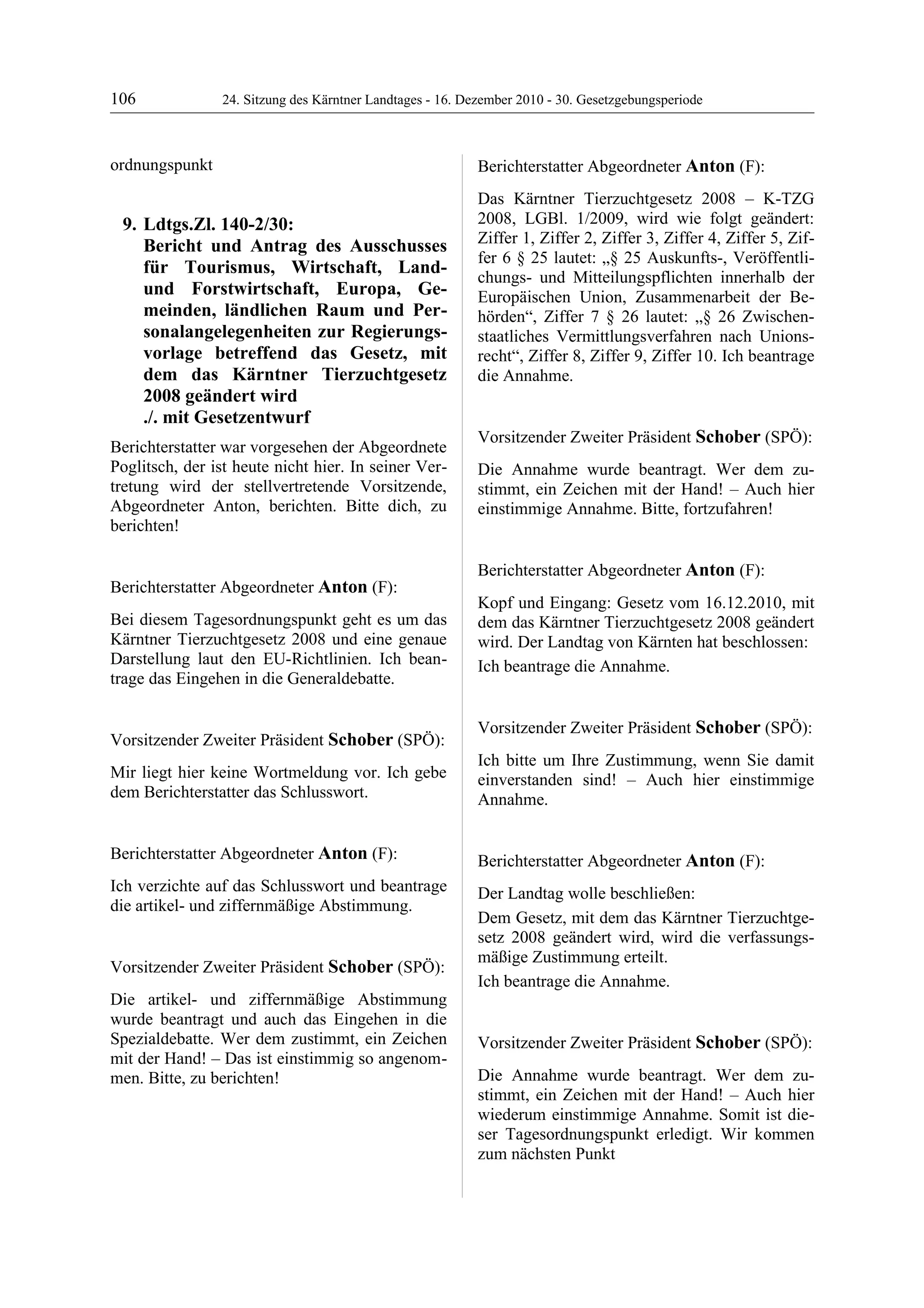 24. LTG-Sitzung am 16. Dezember 2010