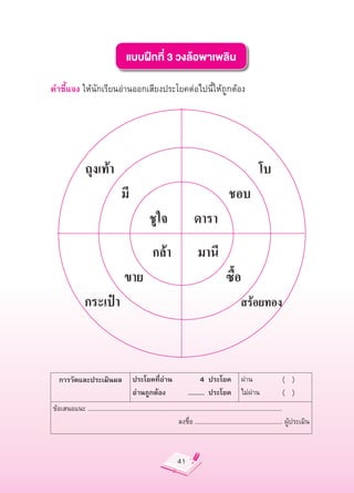 แบบฝึกที่
3
วงล้อพาเพลิน

คำชี้แจง
ให้นักเรียนอ่านออกเสียงประโยคต่อไปนี้ให้ถูกต้อง




       การวัดและประเมินผล
 ประโยคที่อ่าน
                                           4
 ประโยค
 ผ่าน
                          (


)
                           อ่านถูกต้อง
                                     ...........
 ประโยค
 ไม่ผ่าน
                     (


)
    ข้อเสนอแนะ
......................................................................................................................
                                                                      ลงชื่อ
.....................................................
ผู้ประเมิน



                                                                      41
 