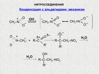 НИТРОСОЕДИНЕНИЯ CH 3 –N O O + – OH – O O – CH 2 = N – O O – : CH 2 –N + – N–CH 2 :   + O O + – R–C O R′ δ– δ+ – R–C–CH 2 – NO 2 R′ : О : .. H 2 О H 2 О R–C–CH 2 – NO 2 R′ ОН Конденсация с альдегидами: механиэм 
