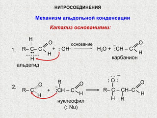 НИТРОСОЕДИНЕНИЯ Механизм альдольной конденсации Катализ основаниями: основание R– C– C O H .. +  :  OH – H карбанион H 2 О +  : CH – C  O H альдегид 1. 2. нуклеофил ( :   Nu ) R– C – CH–C  O H H R :   O   : . . – R– C  R +  : СН  – C  O H – – H O H 