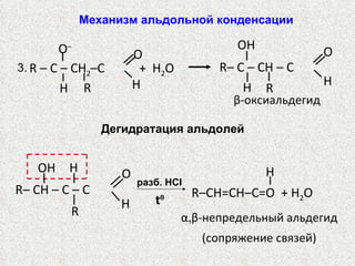 β -оксиальдегид R   –  С –  CH 2 –C O H H О – R +  H 2 O R– C – CH – C  OH H R O H 3. Дегидратация альдолей разб.  HCI R–   CH   –   C – C  OH H R O H t 0 R–CH=CH–C=O  + H 2 O H α , β -непредельный альдегид (сопряжение связей) Механизм альдольной конденсации 