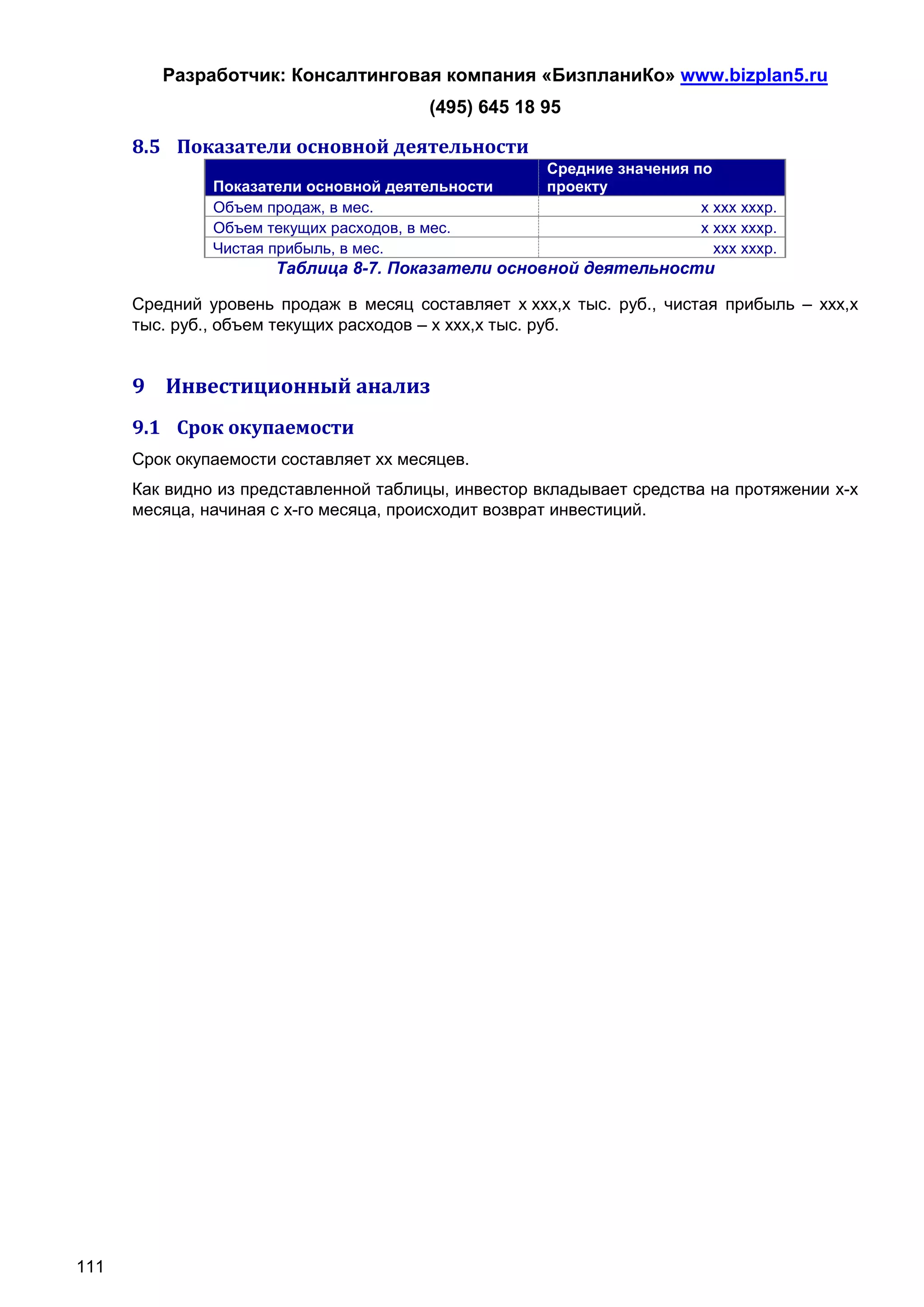 Разработчик: Консалтинговая компания «БизпланиКо» www.bizplan5.ru
                                        (495) 645 18 95

      8.5 Показатели основной деятельности
                                                     Средние значения по
               Показатели основной деятельности      проекту
               Объем продаж, в мес.                                    х ххх хххр.
               Объем текущих расходов, в мес.                          х ххх хххр.
               Чистая прибыль, в мес.                                    ххх хххр.
                      Таблица 8-7. Показатели основной деятельности

      Средний уровень продаж в месяц составляет х ххх,х тыс. руб., чистая прибыль – ххх,х
      тыс. руб., объем текущих расходов – х ххх,х тыс. руб.


      9 Инвестиционный анализ
      9.1 Срок окупаемости
      Срок окупаемости составляет хх месяцев.
      Как видно из представленной таблицы, инвестор вкладывает средства на протяжении х-х
      месяца, начиная с х-го месяца, происходит возврат инвестиций.




111
 