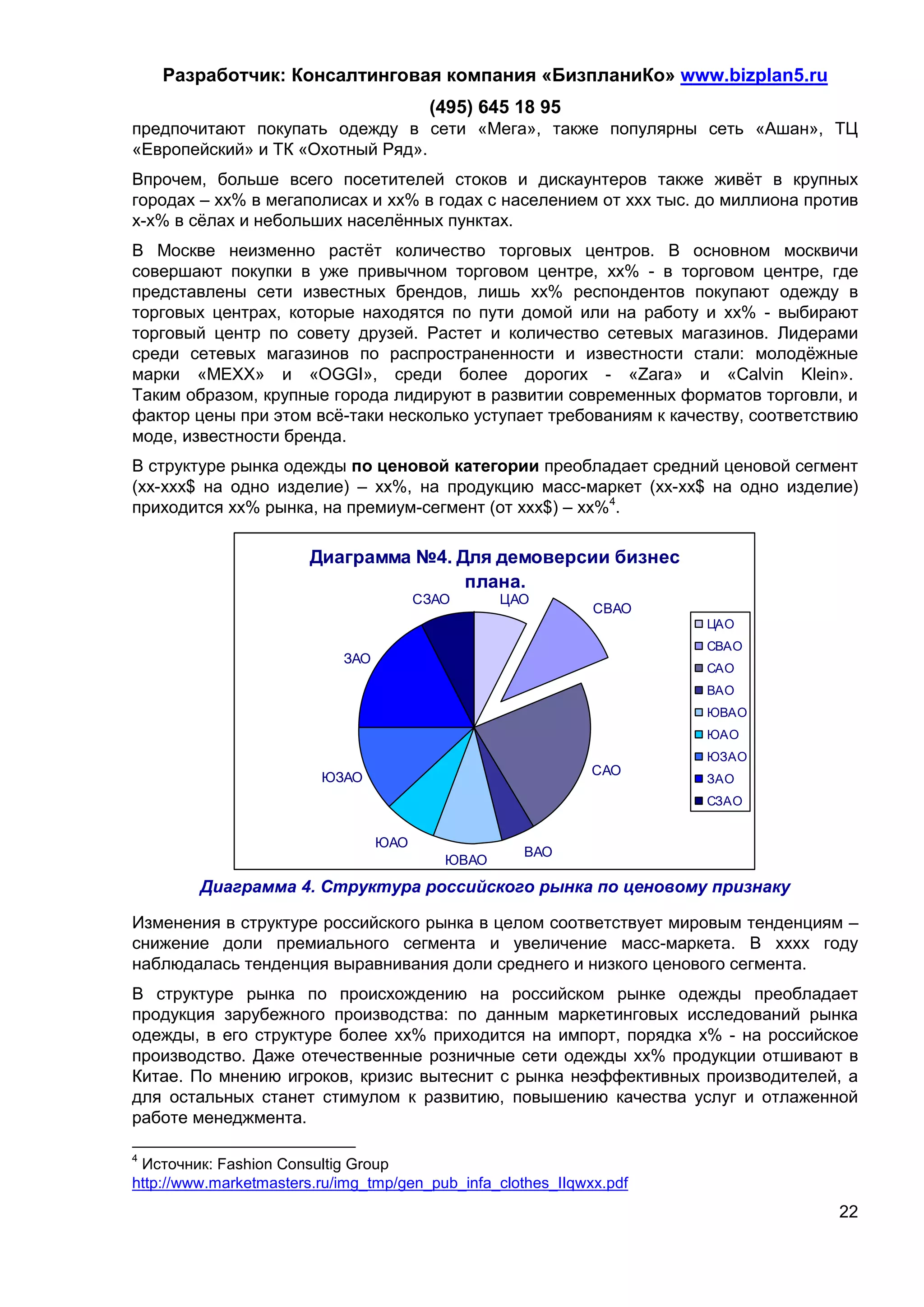 Разработчик: Консалтинговая компания «БизпланиКо» www.bizplan5.ru
                                         (495) 645 18 95
предпочитают покупать одежду в сети «Мега», также популярны сеть «Ашан», ТЦ
«Европейский» и ТК «Охотный Ряд».
Впрочем, больше всего посетителей стоков и дискаунтеров также живёт в крупных
городах – хх% в мегаполисах и хх% в годах с населением от ххх тыс. до миллиона против
х-х% в сёлах и небольших населённых пунктах.
В Москве неизменно растёт количество торговых центров. В основном москвичи
совершают покупки в уже привычном торговом центре, хх% - в торговом центре, где
представлены сети известных брендов, лишь хх% респондентов покупают одежду в
торговых центрах, которые находятся по пути домой или на работу и хх% - выбирают
торговый центр по совету друзей. Растет и количество сетевых магазинов. Лидерами
среди сетевых магазинов по распространенности и известности стали: молодёжные
марки «MEXX» и «OGGI», среди более дорогих - «Zara» и «Calvin Klein».
Таким образом, крупные города лидируют в развитии современных форматов торговли, и
фактор цены при этом всё-таки несколько уступает требованиям к качеству, соответствию
моде, известности бренда.
В структуре рынка одежды по ценовой категории преобладает средний ценовой сегмент
(хх-ххх$ на одно изделие) – хх%, на продукцию масс-маркет (хх-хх$ на одно изделие)
приходится хх% рынка, на премиум-сегмент (от ххх$) – хх%4.

                        Диаграмма №4. Для демоверсии бизнес
                                       плана.
                                        СЗАО      ЦАО
                                                              СВАО
                                                                      ЦАО
                                                                      СВАО
                            ЗАО
                                                                      САО
                                                                      ВАО
                                                                      ЮВАО
                                                                      ЮАО
                                                                      ЮЗАО
                                                              САО
                         ЮЗАО                                         ЗАО
                                                                      СЗАО


                                  ЮАО
                                                    ВАО
                                           ЮВАО
         Диаграмма 4. Структура российского рынка по ценовому признаку

Изменения в структуре российского рынка в целом соответствует мировым тенденциям –
снижение доли премиального сегмента и увеличение масс-маркета. В хххх году
наблюдалась тенденция выравнивания доли среднего и низкого ценового сегмента.
В структуре рынка по происхождению на российском рынке одежды преобладает
продукция зарубежного производства: по данным маркетинговых исследований рынка
одежды, в его структуре более хх% приходится на импорт, порядка х% - на российское
производство. Даже отечественные розничные сети одежды хх% продукции отшивают в
Китае. По мнению игроков, кризис вытеснит с рынка неэффективных производителей, а
для остальных станет стимулом к развитию, повышению качества услуг и отлаженной
работе менеджмента.

4
 Источник: Fashion Consultig Group
http://www.marketmasters.ru/img_tmp/gen_pub_infa_clothes_IIqwхх.pdf
                                                                                  22
 