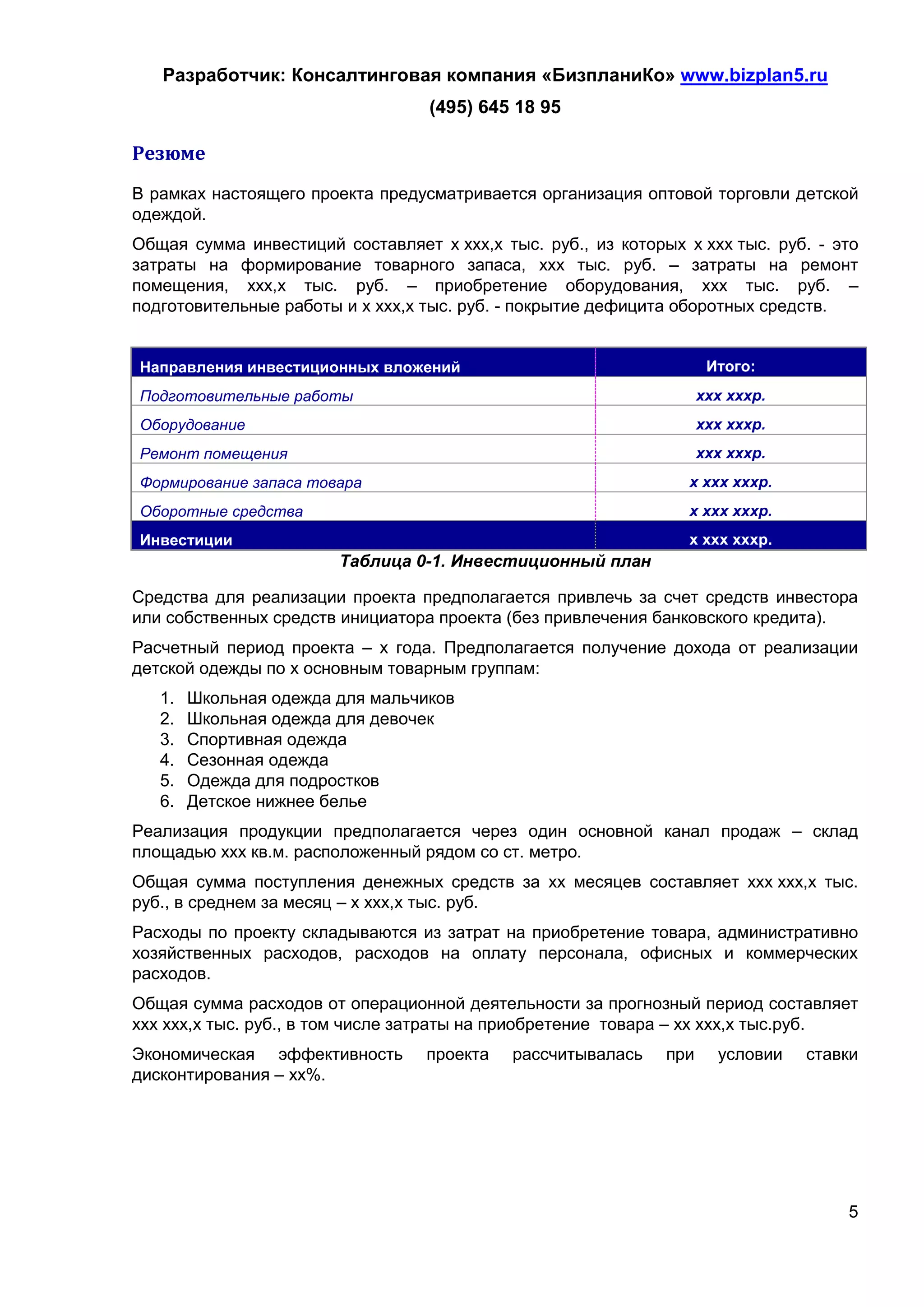 Разработчик: Консалтинговая компания «БизпланиКо» www.bizplan5.ru
                                  (495) 645 18 95

Резюме
В рамках настоящего проекта предусматривается организация оптовой торговли детской
одеждой.
Общая сумма инвестиций составляет х ххх,х тыс. руб., из которых х ххх тыс. руб. - это
затраты на формирование товарного запаса, ххх тыс. руб. – затраты на ремонт
помещения, ххх,х тыс. руб. – приобретение оборудования, ххх тыс. руб. –
подготовительные работы и х ххх,х тыс. руб. - покрытие дефицита оборотных средств.


Направления инвестиционных вложений                                  Итого:
Подготовительные работы                                             ххх хххр.
Оборудование                                                        ххх хххр.
Ремонт помещения                                                    ххх хххр.
Формирование запаса товара                                       х ххх хххр.
Оборотные средства                                               х ххх хххр.
Инвестиции                                                       х ххх хххр.
                        Таблица 0-1. Инвестиционный план

Средства для реализации проекта предполагается привлечь за счет средств инвестора
или собственных средств инициатора проекта (без привлечения банковского кредита).
Расчетный период проекта – х года. Предполагается получение дохода от реализации
детской одежды по х основным товарным группам:
   1.   Школьная одежда для мальчиков
   2.   Школьная одежда для девочек
   3.   Спортивная одежда
   4.   Сезонная одежда
   5.   Одежда для подростков
   6.   Детское нижнее белье
Реализация продукции предполагается через один основной канал продаж – склад
площадью ххх кв.м. расположенный рядом со ст. метро.
Общая сумма поступления денежных средств за хх месяцев составляет ххх ххх,х тыс.
руб., в среднем за месяц – х ххх,х тыс. руб.
Расходы по проекту складываются из затрат на приобретение товара, административно
хозяйственных расходов, расходов на оплату персонала, офисных и коммерческих
расходов.
Общая сумма расходов от операционной деятельности за прогнозный период составляет
ххх ххх,х тыс. руб., в том числе затраты на приобретение товара – хх ххх,х тыс.руб.
Экономическая эффективность       проекта   рассчитывалась    при     условии   ставки
дисконтирования – хх%.




                                                                                    5
 