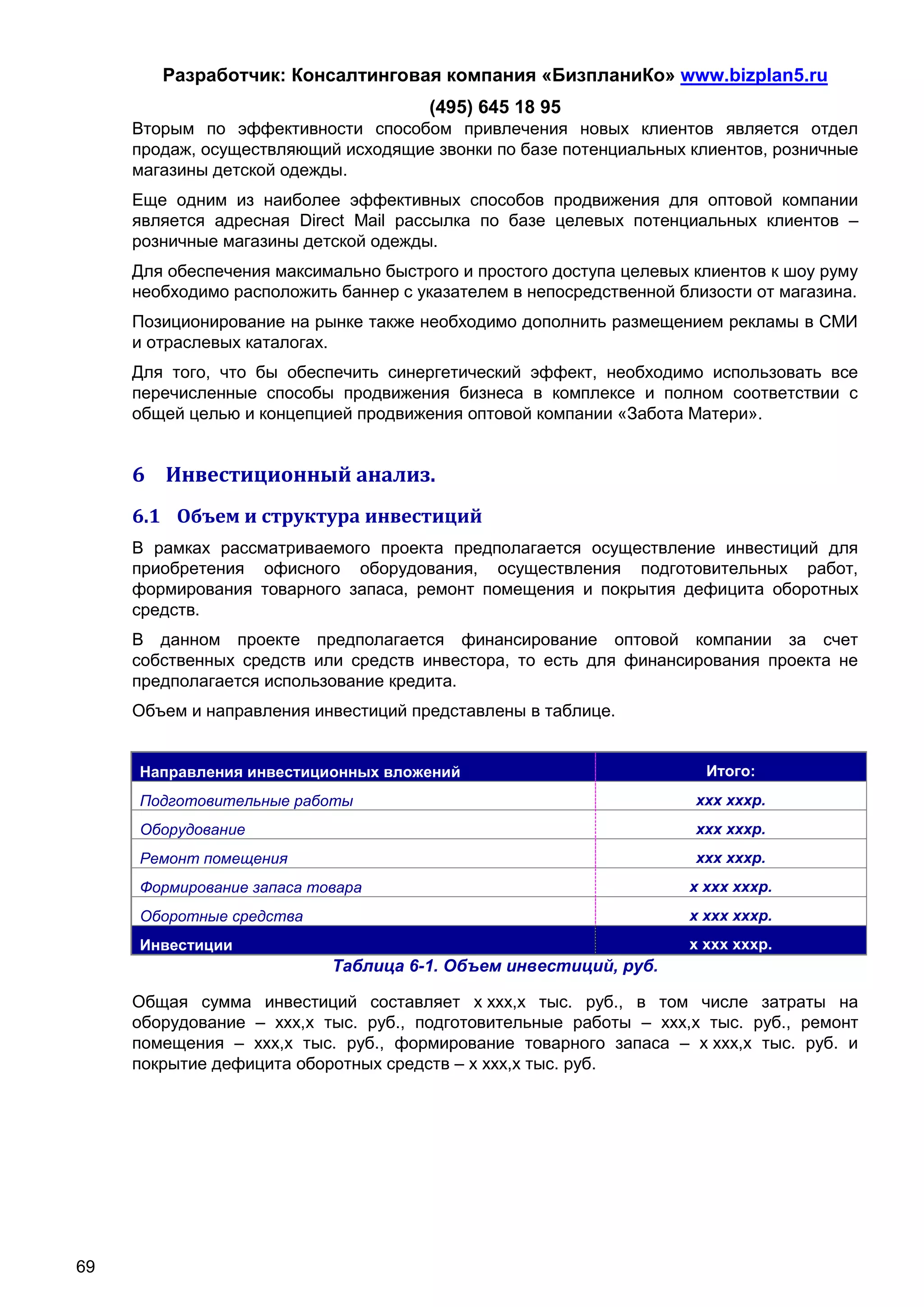 Разработчик: Консалтинговая компания «БизпланиКо» www.bizplan5.ru
                                      (495) 645 18 95
     Вторым по эффективности способом привлечения новых клиентов является отдел
     продаж, осуществляющий исходящие звонки по базе потенциальных клиентов, розничные
     магазины детской одежды.
     Еще одним из наиболее эффективных способов продвижения для оптовой компании
     является адресная Direct Mail рассылка по базе целевых потенциальных клиентов –
     розничные магазины детской одежды.
     Для обеспечения максимально быстрого и простого доступа целевых клиентов к шоу руму
     необходимо расположить баннер с указателем в непосредственной близости от магазина.
     Позиционирование на рынке также необходимо дополнить размещением рекламы в СМИ
     и отраслевых каталогах.
     Для того, что бы обеспечить синергетический эффект, необходимо использовать все
     перечисленные способы продвижения бизнеса в комплексе и полном соответствии с
     общей целью и концепцией продвижения оптовой компании «Забота Матери».


     6 Инвестиционный анализ.
     6.1 Объем и структура инвестиций
     В рамках рассматриваемого проекта предполагается осуществление инвестиций для
     приобретения офисного оборудования, осуществления подготовительных работ,
     формирования товарного запаса, ремонт помещения и покрытия дефицита оборотных
     средств.
     В данном проекте предполагается финансирование оптовой компании за счет
     собственных средств или средств инвестора, то есть для финансирования проекта не
     предполагается использование кредита.
     Объем и направления инвестиций представлены в таблице.


     Направления инвестиционных вложений                              Итого:
     Подготовительные работы                                         ххх хххр.
     Оборудование                                                    ххх хххр.
     Ремонт помещения                                                ххх хххр.
     Формирование запаса товара                                     х ххх хххр.
     Оборотные средства                                             х ххх хххр.
     Инвестиции                                                     х ххх хххр.
                           Таблица 6-1. Объем инвестиций, руб.

     Общая сумма инвестиций составляет х ххх,х тыс. руб., в том числе затраты на
     оборудование – ххх,х тыс. руб., подготовительные работы – ххх,х тыс. руб., ремонт
     помещения – ххх,х тыс. руб., формирование товарного запаса – х ххх,х тыс. руб. и
     покрытие дефицита оборотных средств – х ххх,х тыс. руб.




69
 