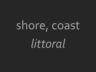 shore, coast
  littoral
 