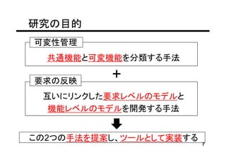 研究の目的
可変性管理
  共通機能と可変機能を分類する手法

要求の反映     +
 互いにリンクした要求レベルのモデルと
  機能レベルのモデルを開発する手法


この2つの手法を提案し、ツールとして実装する
                         7
 