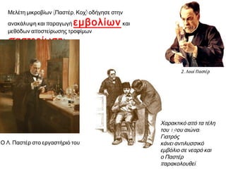  Μελέτη μικροβίων (Παστέρ, Κοχ) οδήγησε στην

εμβολίων και

ανακάλυψη και παραγωγή
μεθόδων αποστείρωσης τροφίμων
(παστερίωση ).

▲ Ο Λ. Παστέρ στο εργαστήριό του

◄ Χαρακτικό από τα
τέλη του 19ου αιώνα:
Γιατρός
κάνει αντιλυσσικό
εμβόλιο σε νεαρό και
ο Παστέρ
παρακολουθεί.

 