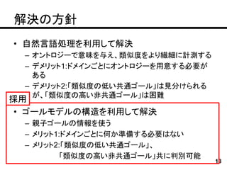 解決の方針
• 自然言語処理を利用して解決
  – オントロジーで意味を与え、類似度をより繊細に計測する
  – デメリット1:ドメインごとにオントロジーを用意する必要が
    ある
  – デメリット2:「類似度の低い共通ゴール」は見分けられる
    が、「類似度の高い非共通ゴール」は困難
採用
 • ゴールモデルの構造を利用して解決
  – 親子ゴールの情報を使う
  – メリット1:ドメインごとに何か準備する必要はない
  – メリット2:「類似度の低い共通ゴール」、
          「類似度の高い非共通ゴール」共に判別可能
                                   18
 