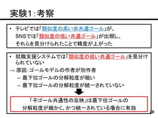 実験1：考察
• テレビでは「類似度の高い非共通ゴール」が、
  SNSでは「類似度の低い共通ゴール」が出現し、
  それらを見分けられたことで精度が上がった

• 就職支援システムでは「類似度の低い共通ゴール」を見分け
  られていない
→ 原因：ゴールモデルの作者が別作者
  – 最下位ゴールの分解粒度が粗い
  – 最下位ゴールの分解粒度が統一されていない

   「子ゴール共通性の反映」は最下位ゴールの
  分解粒度が細かく、かつ統一されている場合に有効
                                28
 