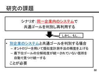 研究の課題

    シナリオ：同一企業内のシステムで
     共通ゴールを判別し再利用する

                  しかし、もし…

• 別企業のシステムと共通ゴールを判別する場合
 – オントロジーを用いて類似度計測手法の精度を上げる
 – 最下位ゴールの分解粒度が統一されていない箇所を
   自動で見つけ統一する
 ことが必要
                              32
 
