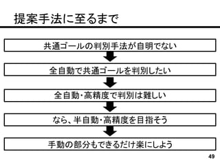 提案手法に至るまで

  共通ゴールの判別手法が自明でない

   全自動で共通ゴールを判別したい

   全自動・高精度で判別は難しい

   なら、半自動・高精度を目指そう

  手動の部分もできるだけ楽にしよう
                     49
 