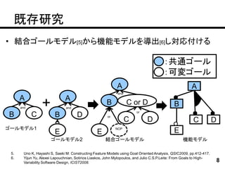 既存研究
• 結合ゴールモデル[5]から機能モデルを導出[6]し対応付ける

                                                                                   青：共通ゴール
                                                                                   白：可変ゴール
                                                             A                                          A
                                                              and
      A                        A
      and         +             and
                                                       B            C or D
                                                                        or
                                                                                              B
B           C            B            D                 or
                                                                    C          D                         C            D
ゴールモデル1
                         E                        E
                                                             NOP
                                                                                              E
                       ゴールモデル2                        結合ゴールモデル                                     機能モデル

 5.     Uno K, Hayashi S, Saeki M: Constructing Feature Models using Goal Oriented Analysis, QSIC2009, pp.412-417.
 6.     Yijun Yu, Alexei Lapouchnian, Sotirios Liaskos, John Mylopoulos, and Julio C.S.P.Leite: From Goals to High-
        Variability Software Design, ICIST2008.                                                                           8
 