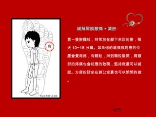 9/25
緩解肩膀酸痛 + 減肥 :
買一隻擀麵杖，時常放在腳下來回的擀，每
天 10~15 分鐘。如果你的肩頸部對應的位
置會覺得疼，有顆粒，擀到顆粒散開，肩頸
部的疼痛也會相應的散開，堅持做還可以減
肥。方便的話坐在辦公室裏也可以悄悄的做
。
 