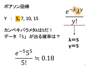 27
ポアソン回帰
𝑒−𝜆
𝜆 𝑦
𝑦!
カンペキパラメタλは5だ！
データ 「5」 が出る確率は？
𝑒−5
55
5!
≒ 0.18
λ＝5
y＝5
Y ： 5, 7, 10, 15
 
