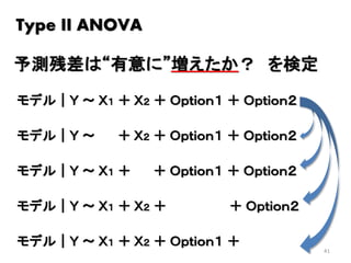 41
モデル｜Ｙ ～ Ｘ１ ＋ Ｘ２ ＋ Ｏｐｔｉｏｎ１ ＋ Ｏｐｔｉｏｎ２
予測残差は“有意に”増えたか？ を検定
Type II ANOVA
モデル｜Ｙ ～ Ｘ１ ＋ ＋ Ｏｐｔｉｏｎ１ ＋ Ｏｐｔｉｏｎ２
モデル｜Ｙ ～ Ｘ１ ＋ Ｘ２ ＋ ＋ Ｏｐｔｉｏｎ２
モデル｜Ｙ ～ Ｘ１ ＋ Ｘ２ ＋ Ｏｐｔｉｏｎ１ ＋
モデル｜Ｙ ～ ＋ Ｘ２ ＋ Ｏｐｔｉｏｎ１ ＋ Ｏｐｔｉｏｎ２
 