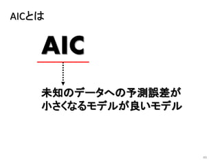 49
AICとは
未知のデータへの予測誤差が
小さくなるモデルが良いモデル
AIC
 