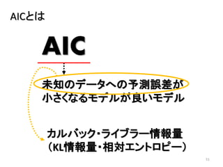 51
AICとは
未知のデータへの予測誤差が
小さくなるモデルが良いモデル
AIC
カルバック・ライブラー情報量
（KL情報量・相対エントロピー）
 