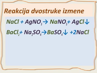 Reakcija dvostruke izmene
NaCl + AgNO3 → NaNO3+ AgCl↓
BaCl2+ Na2SO4→BaSO4↓ +2NaCl

 