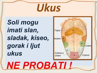 Ukus
Soli mogu
imati slan,
sladak, kiseo,
gorak i ljut
ukus

NE PROBATI !

 