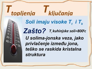 Ttopljenja Tključanja
Soli imaju visoke Tt i Tk

Zašto?

Tt kuhinjske soli=8000c

U solima-jonska veza, jako
privlačenje između jona,
teško se raskida kristalna
struktura

 