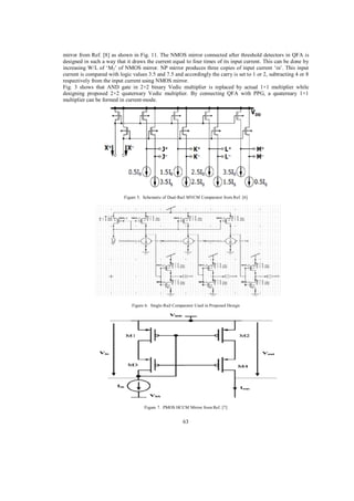 mirror from Ref. [8] as shown in Fig. 11. The NMOS mirror connected after threshold detectors in QFA is
designed in such a way that it draws the current equal to four times of its input current. This can be done by
increasing W/L of ‘M3’ of NMOS mirror. NP mirror produces three copies of input current ‘in’. This input
current is compared with logic values 3.5 and 7.5 and accordingly the carry is set to 1 or 2, subtracting 4 or 8
respectively from the input current using NMOS mirror.
Fig. 3 shows that AND gate in 2×2 binary Vedic multiplier is replaced by actual 1×1 multiplier while
designing proposed 2×2 quaternary Vedic multiplier. By connecting QFA with PPG, a quaternary 1×1
multiplier can be formed in current-mode.

Figure 5. Schematic of Dual-Rail MVCM Comparator from Ref. [6]

Figure 6. Single-Rail Comparator Used in Proposed Design

Figure 7. PMOS HCCM Mirror from Ref. [7]

63

 