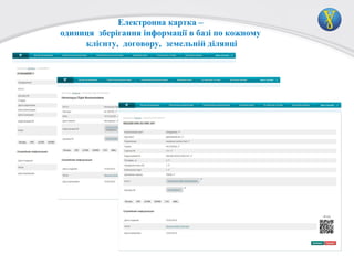 Електронна картка –
одиниця зберігання інформації в базі по кожному
клієнту, договору, земельній ділянці

 
