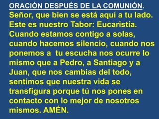 ORACIÓN DESPUÉS DE LA COMUNIÓN.

Señor, que bien se está aquí a tu lado.
Este es nuestro Tabor: Eucaristía.
Cuando estamos...